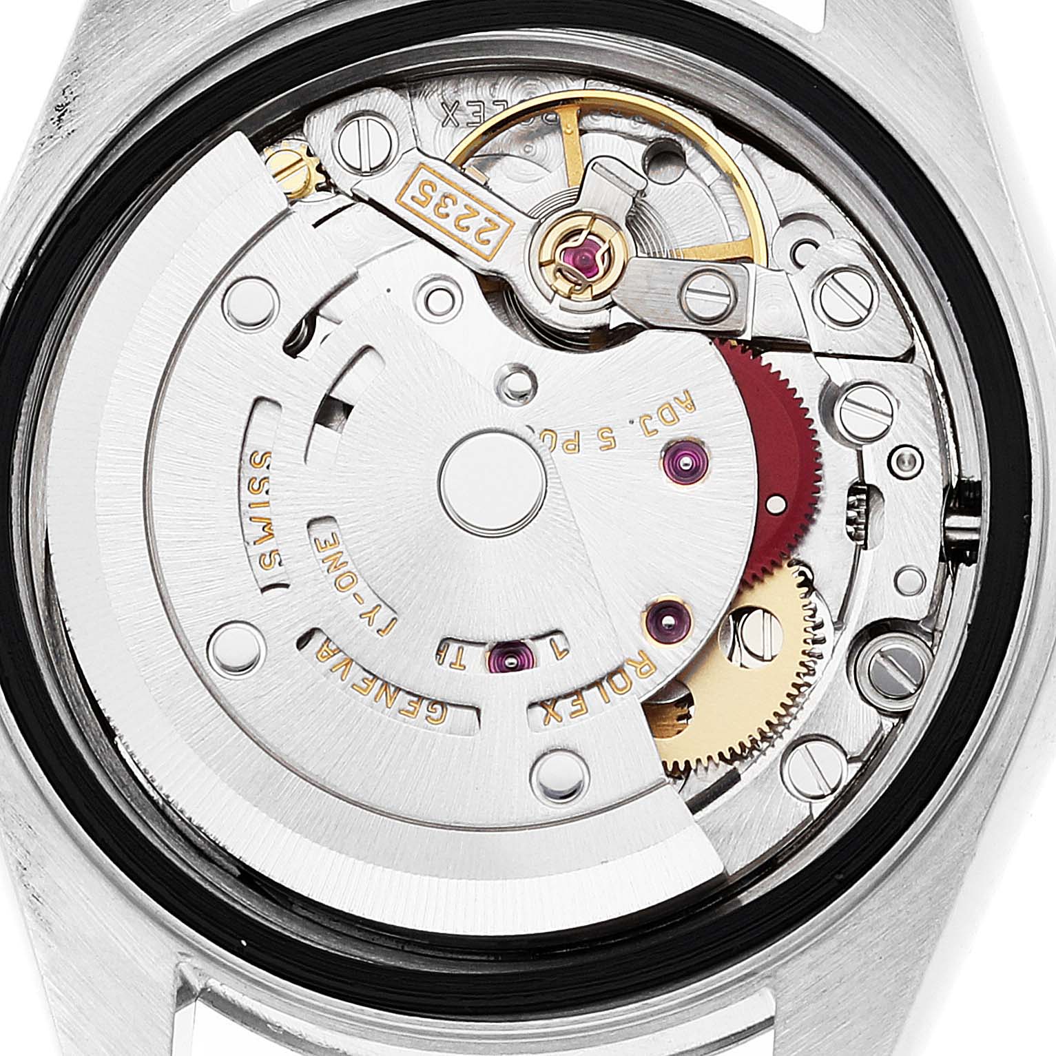 This image shows the internal mechanical movement of the Rolex Datejust 79174 Women's Stainless Steel Mother of Pearl Dial 79174 Women's Stainless Steel Mother of Pearl Dial watch from a close-up angle.