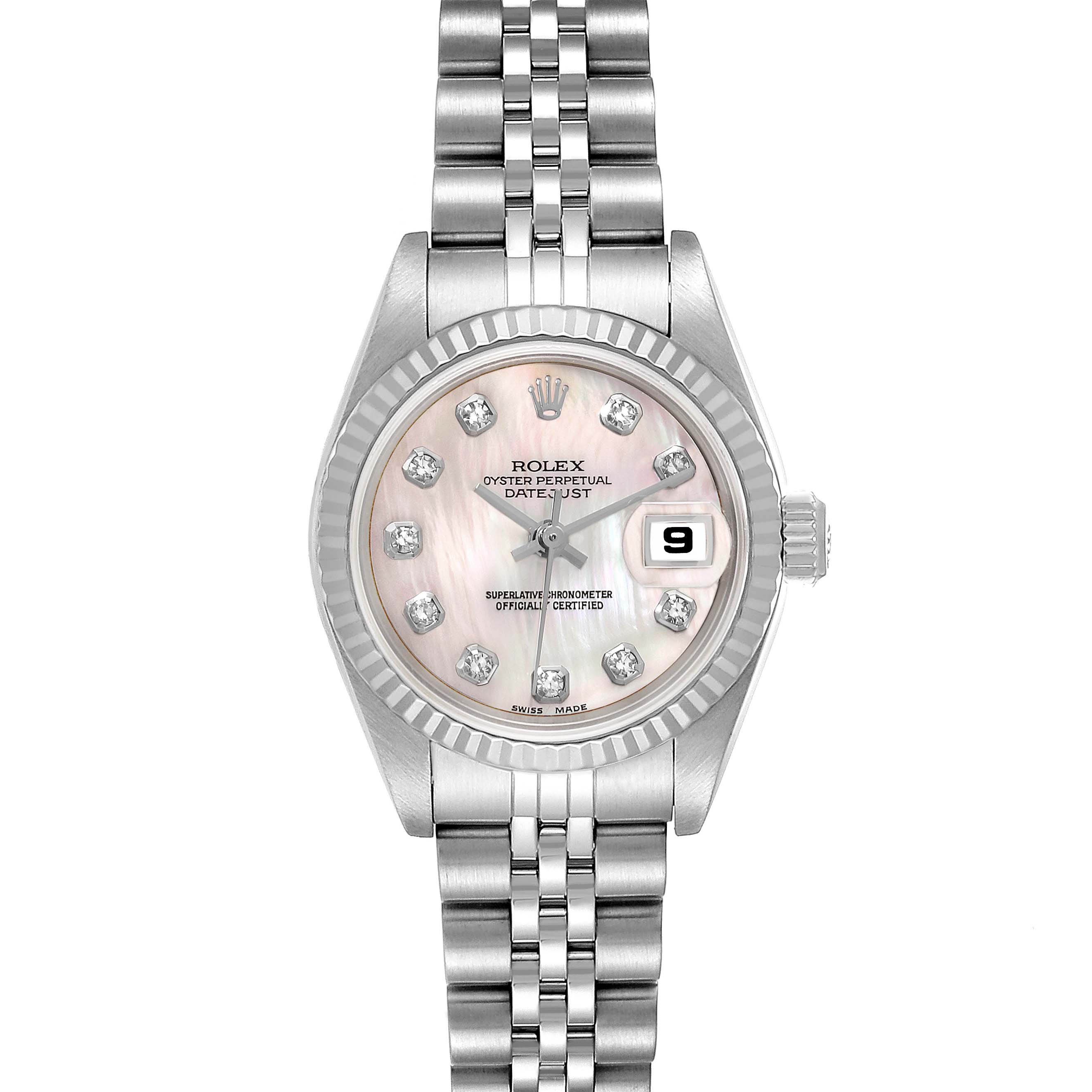 The Rolex Datejust 79174 Women's Stainless Steel Mother of Pearl Dial 79174 Women's Stainless Steel Mother of Pearl Dial watch is shown from the front, highlighting its face, bezel, and part of its bracelet.