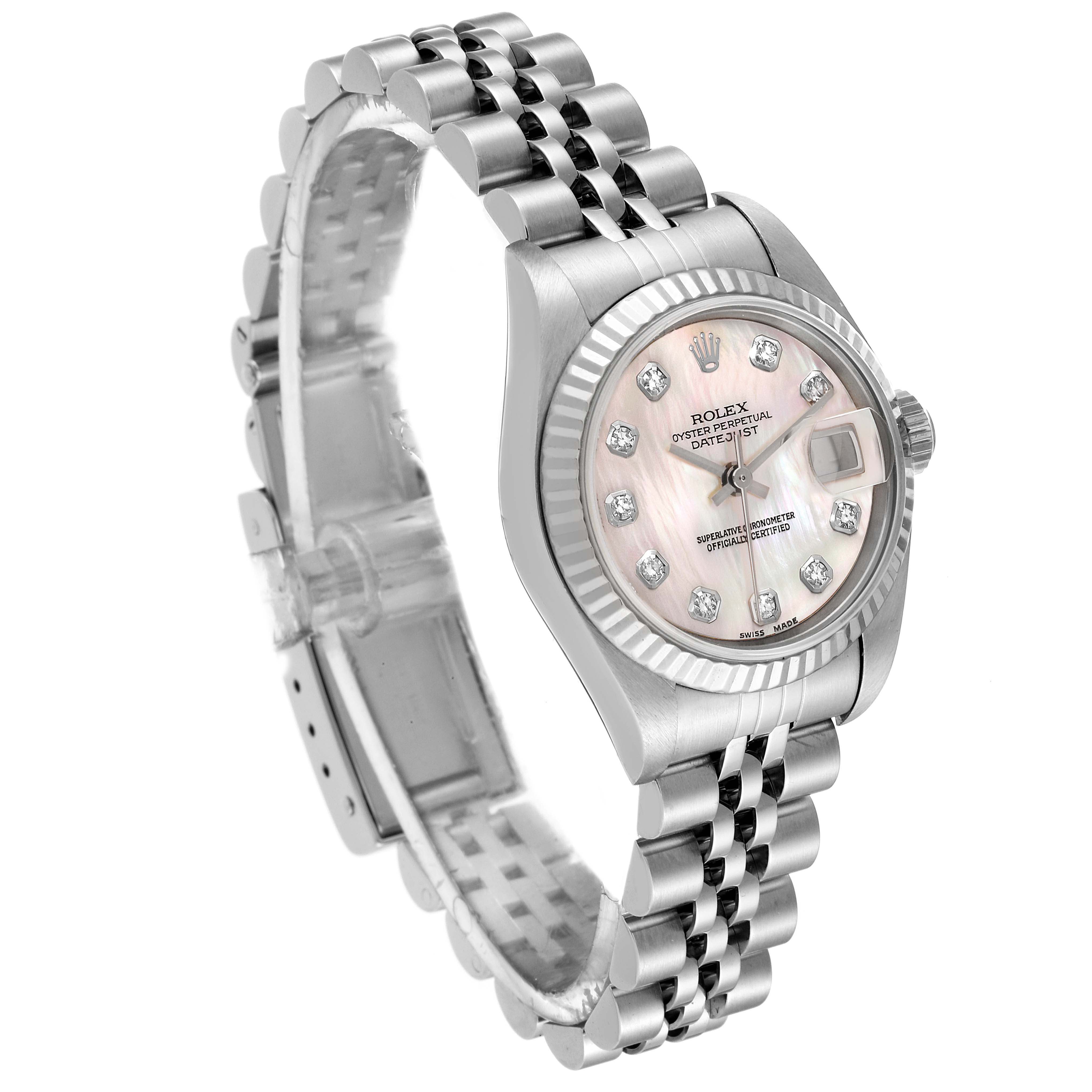 The image shows an angled view of the Rolex Datejust 79174 Women's Stainless Steel Mother of Pearl Dial 79174 Women's Stainless Steel Mother of Pearl Dial watch, highlighting the dial, bezel, and partial bracelet.