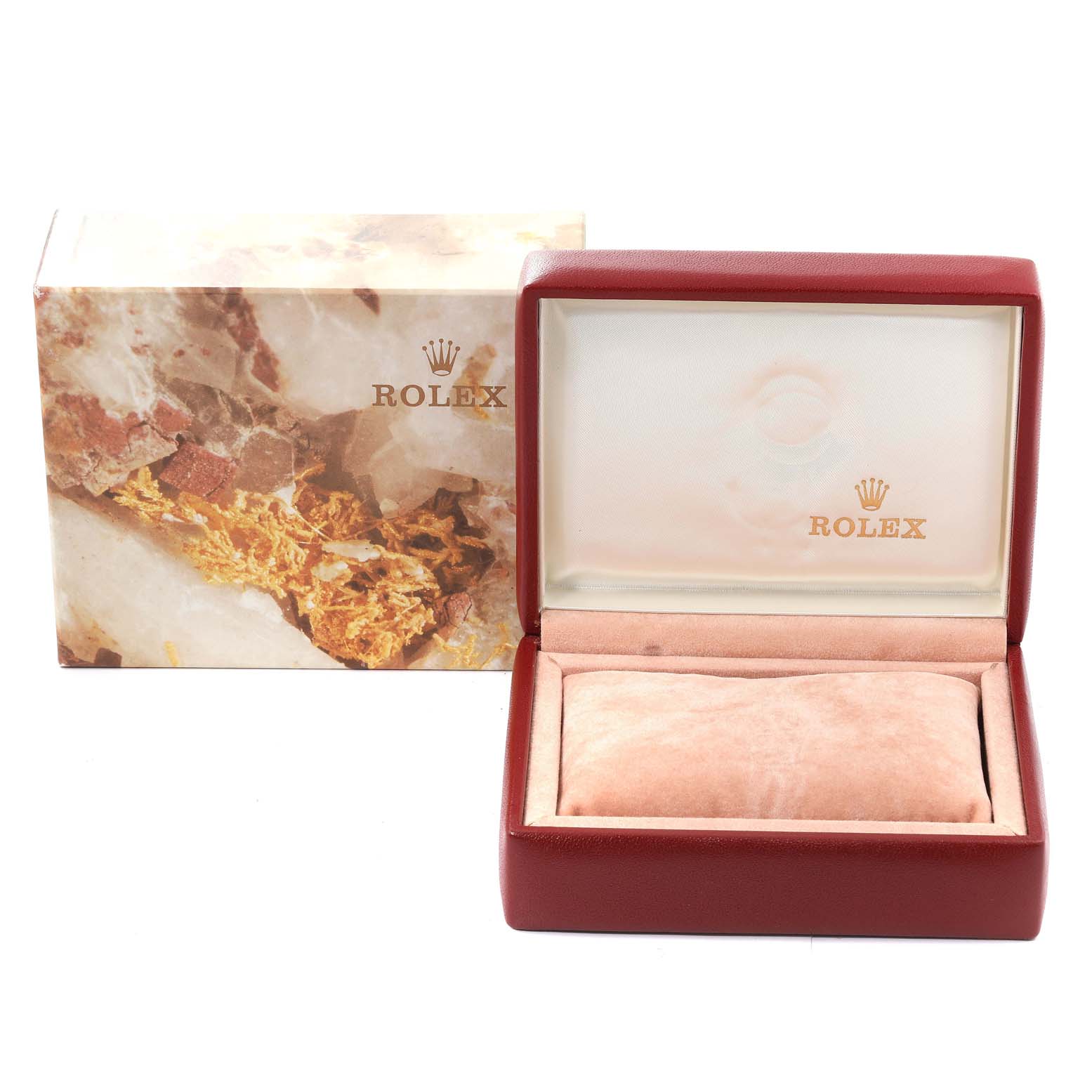 This image shows an open Rolex Datejust 69173 Women's Steel and Gold (two tone) Black Dial 69173 Women's Steel and Gold (two tone) Black Dial watch box along with its outer packaging.