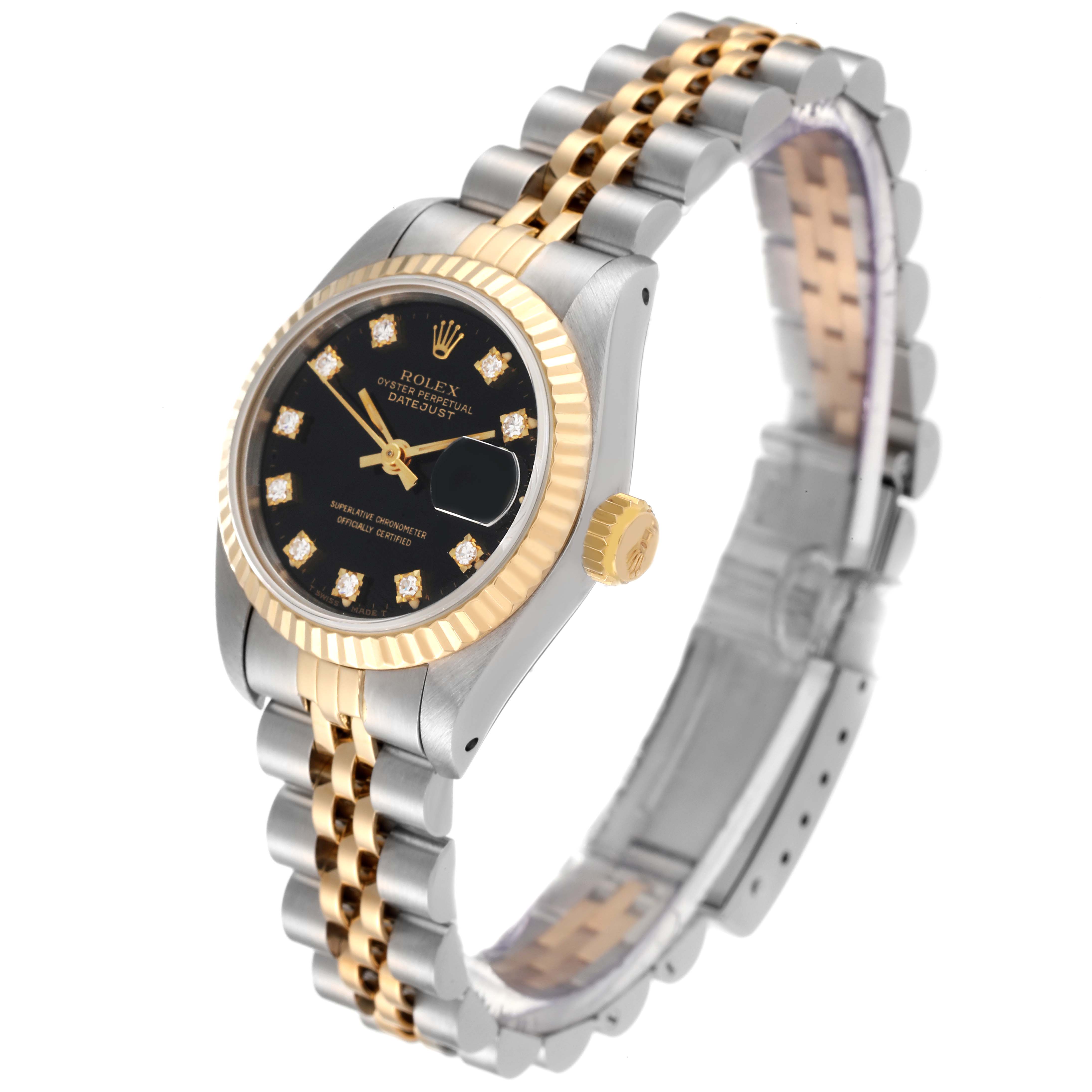 The image shows a Rolex Datejust 69173 Women's Steel and Gold (two tone) Black Dial 69173 Women's Steel and Gold (two tone) Black Dial watch at an angle displaying the face, bezel, crown, and bracelet.