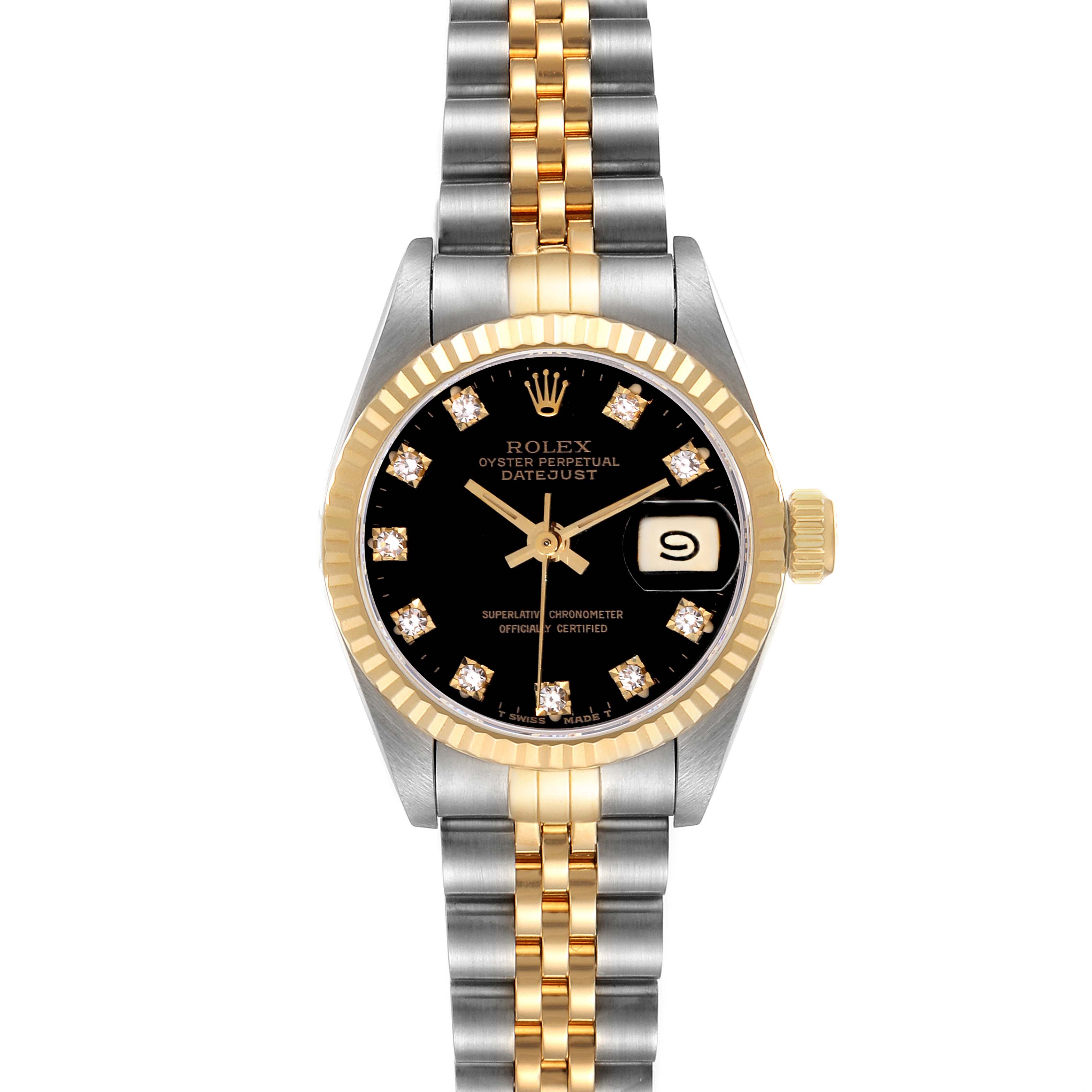 This image shows a front view of a Rolex Datejust 69173 Women's Steel and Gold (two tone) Black Dial 69173 Women's Steel and Gold (two tone) Black Dial watch, highlighting its black dial, date window, and two-tone bracelet.