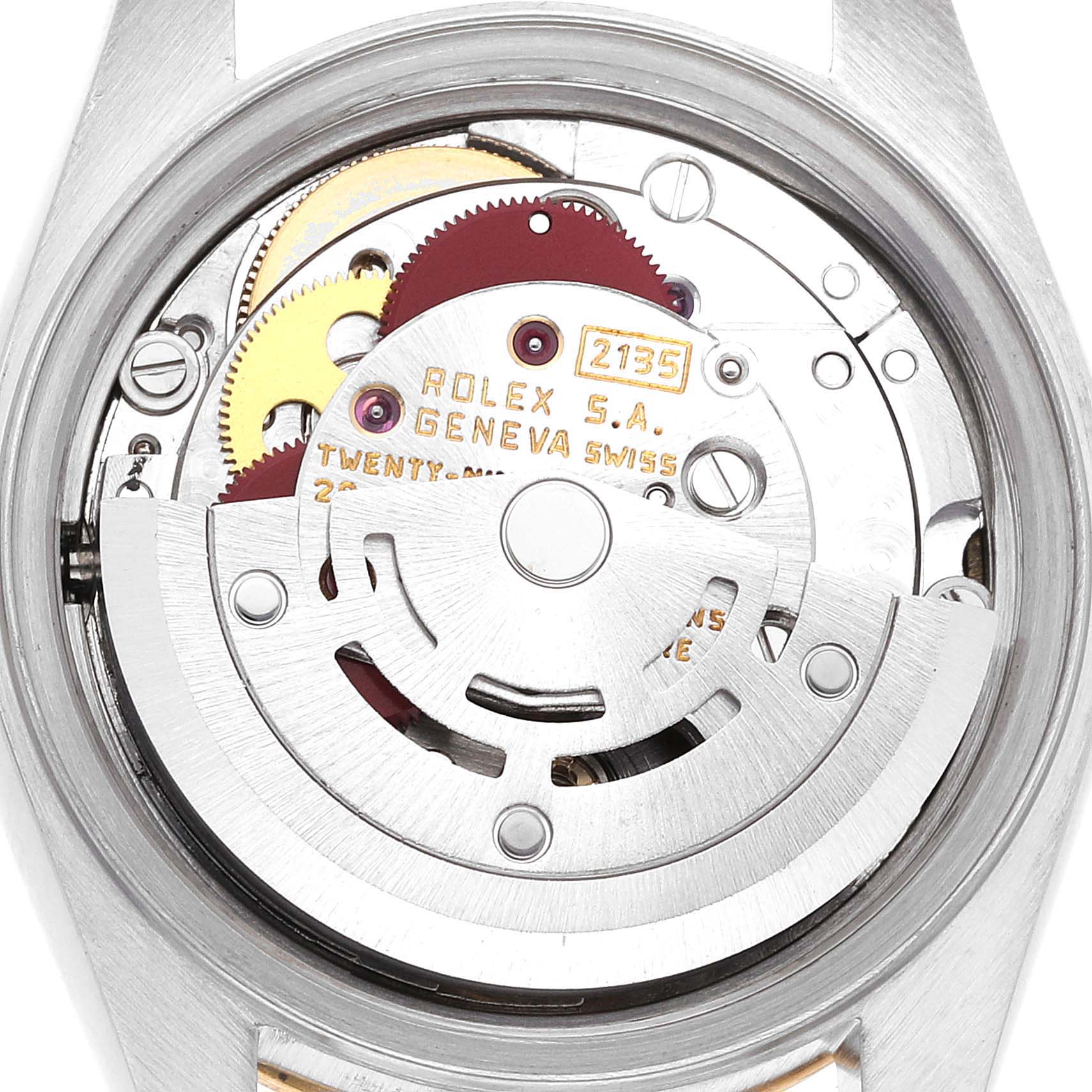 This image shows the movement mechanism of a Rolex Datejust 69173 Women's Steel and Gold (two tone) Black Dial 69173 Women's Steel and Gold (two tone) Black Dial watch from the back view, revealing internal gears and components.