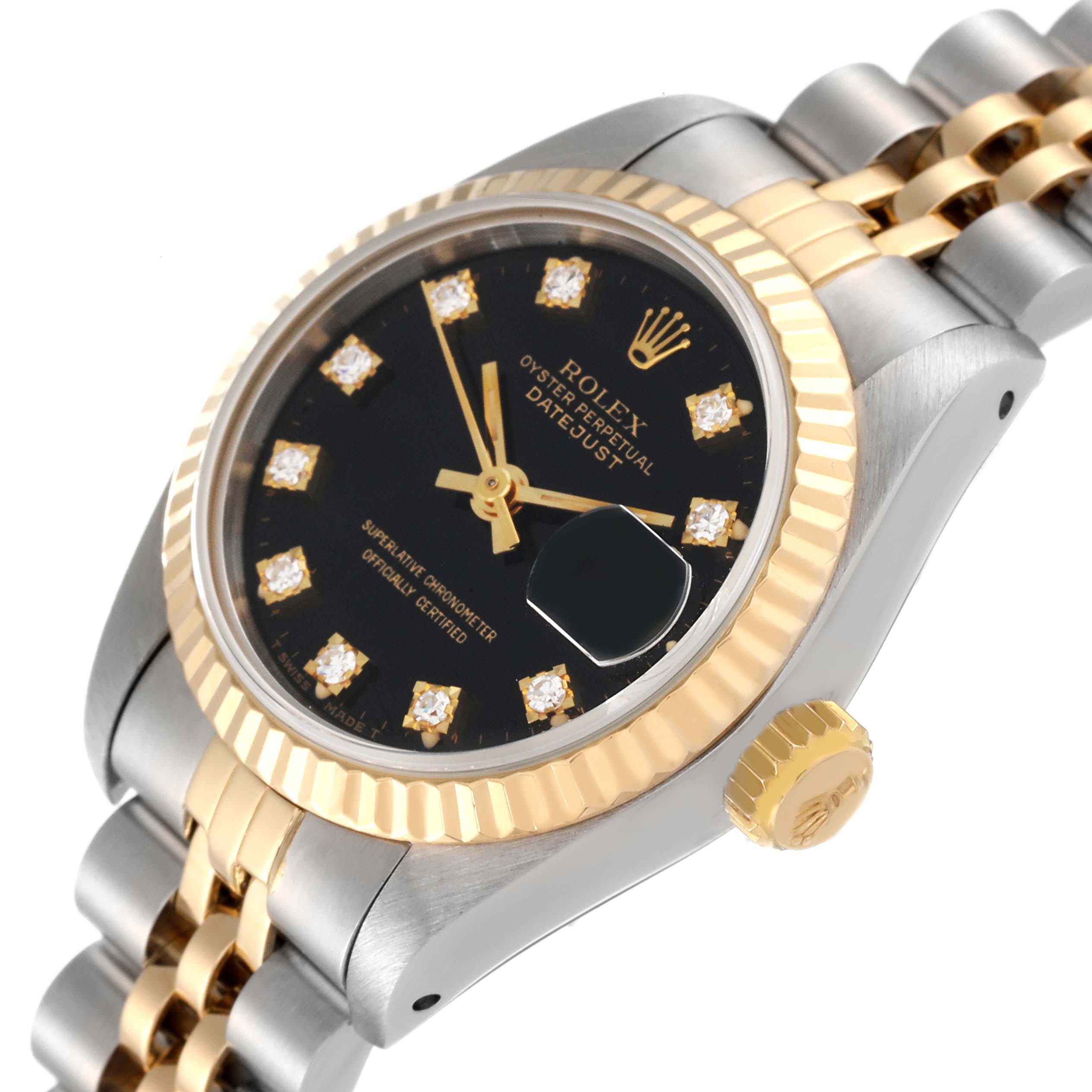 The image shows a close-up, angled view of a Rolex Datejust 69173 Women's Steel and Gold (two tone) Black Dial 69173 Women's Steel and Gold (two tone) Black Dial watch, highlighting its dial, bezel, and partial bracelet.