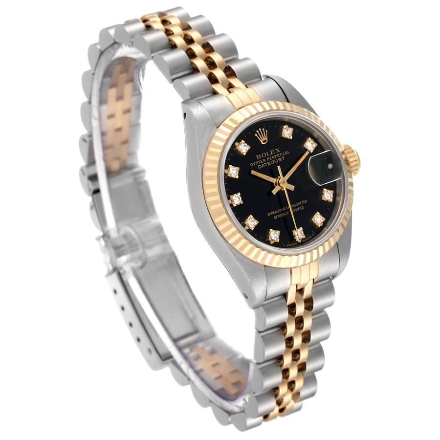 ROLEX LADY DATEJUST 18KY GOLD & STEEL BLACK DIAMOND DIAL FLUTED 26MM WATCH