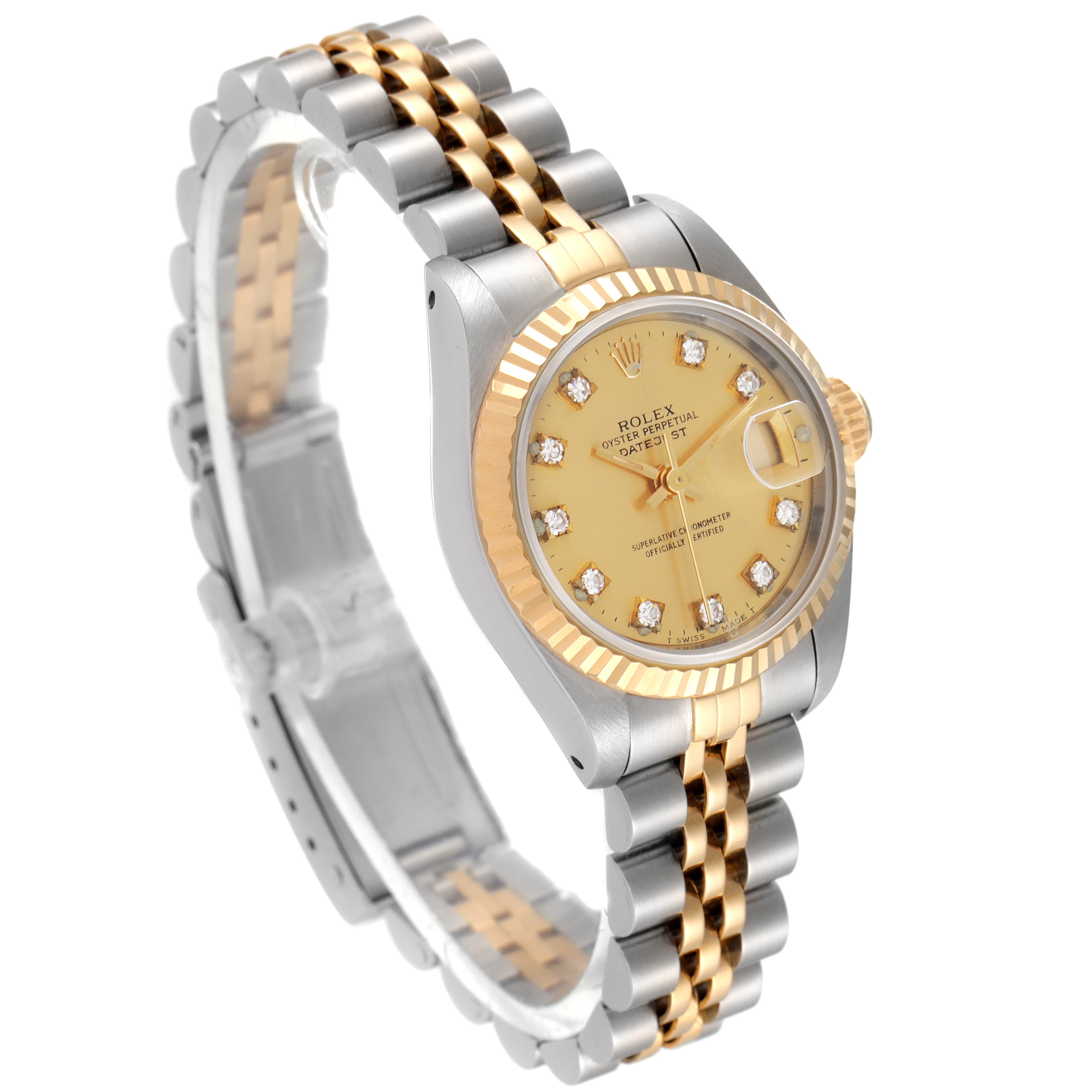 This image shows a Rolex Datejust 69173 Women's Steel and Gold (two tone) Champagne Dial 69173 Women's Steel and Gold (two tone) Champagne Dial watch at a three-quarter angle, highlighting the bracelet, bezel, and dial.