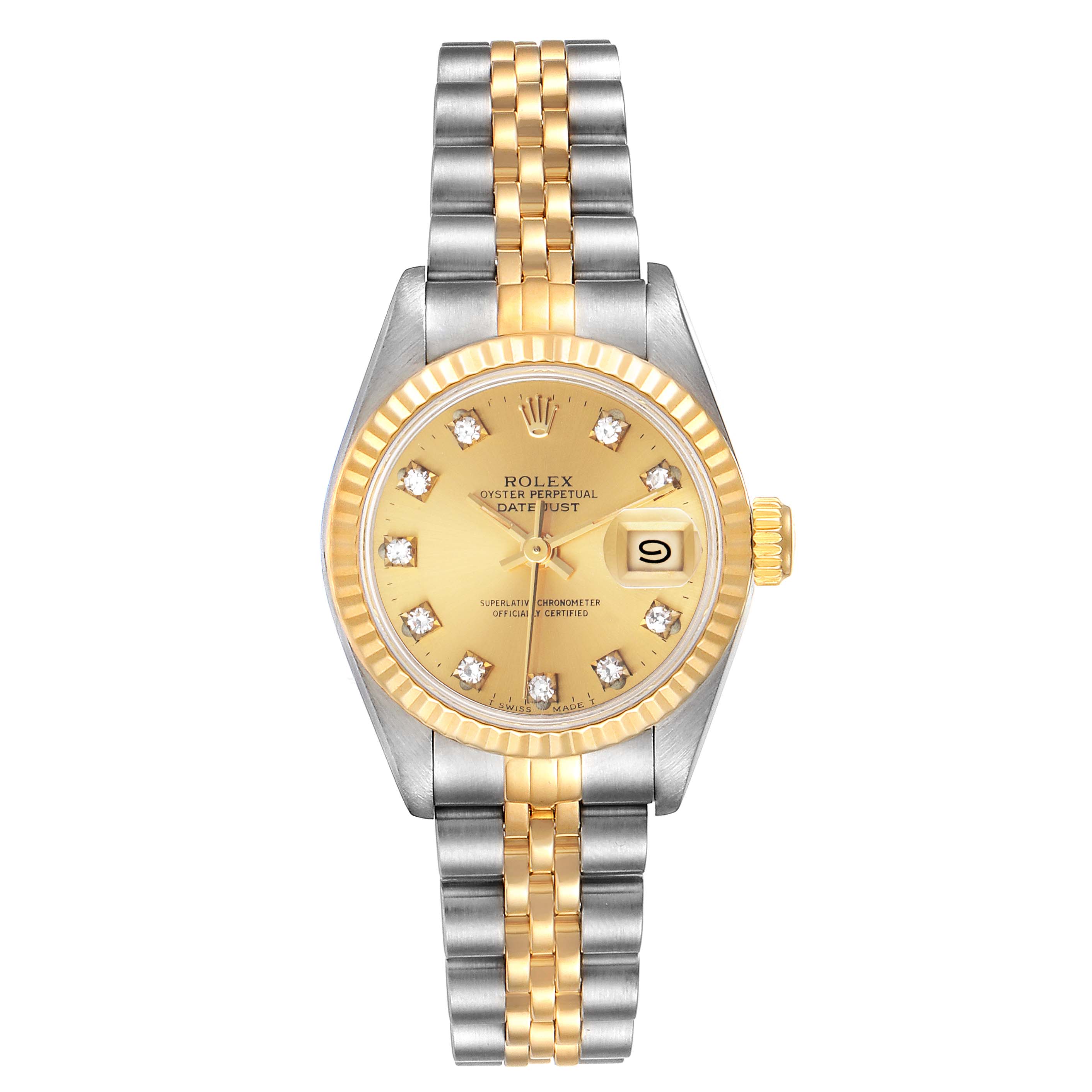 The Rolex Datejust 69173 Women's Steel and Gold (two tone) Champagne Dial 69173 Women's Steel and Gold (two tone) Champagne Dial watch is shown from a top-down angle, displaying the face, bezel, and bracelet.