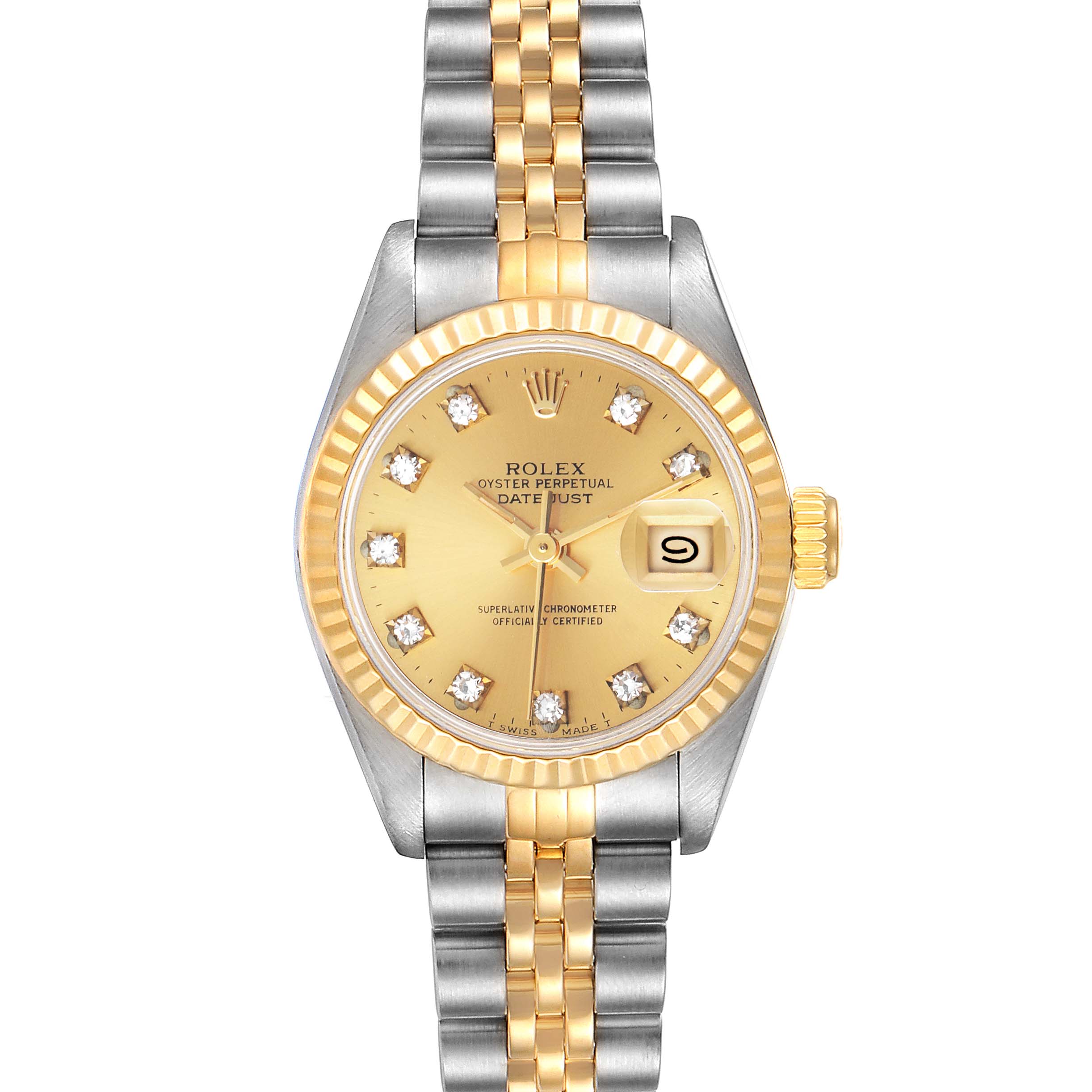 This is a front view of the Rolex Datejust 69173 Women's Steel and Gold (two tone) Champagne Dial 69173 Women's Steel and Gold (two tone) Champagne Dial watch, showing the face, bezel, and part of the two-tone bracelet.