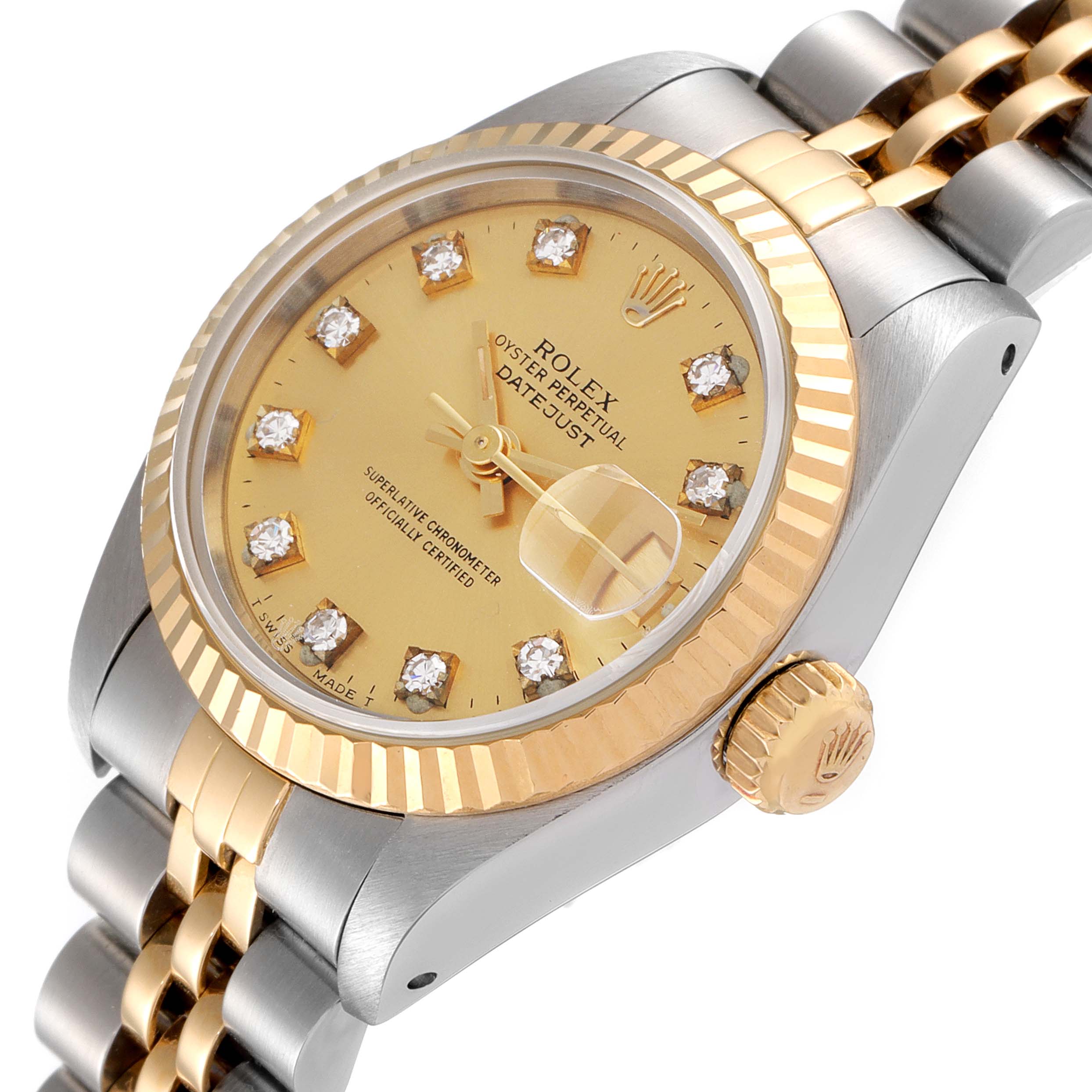This image shows a Rolex Datejust 69173 Women's Steel and Gold (two tone) Champagne Dial 69173 Women's Steel and Gold (two tone) Champagne Dial watch viewed at a slight angle, focusing on the dial, bezel, and part of the bracelet.
