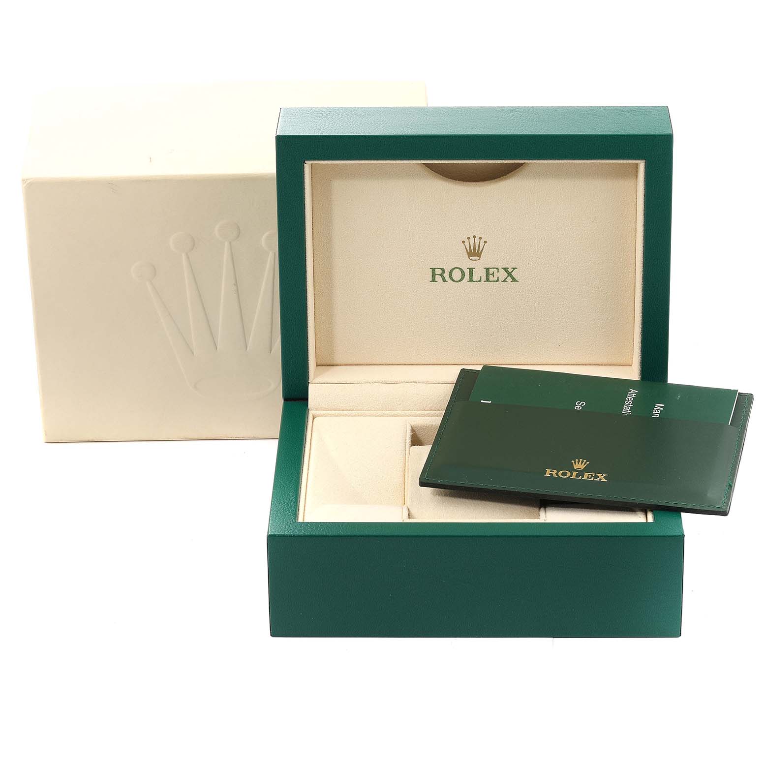 The image shows the packaging box of a Rolex Datejust 279174 Women's Stainless Steel Grey Dial 279174 Women's Stainless Steel Grey Dial watch, including the inner and outer boxes, warranty card holder, and booklets.