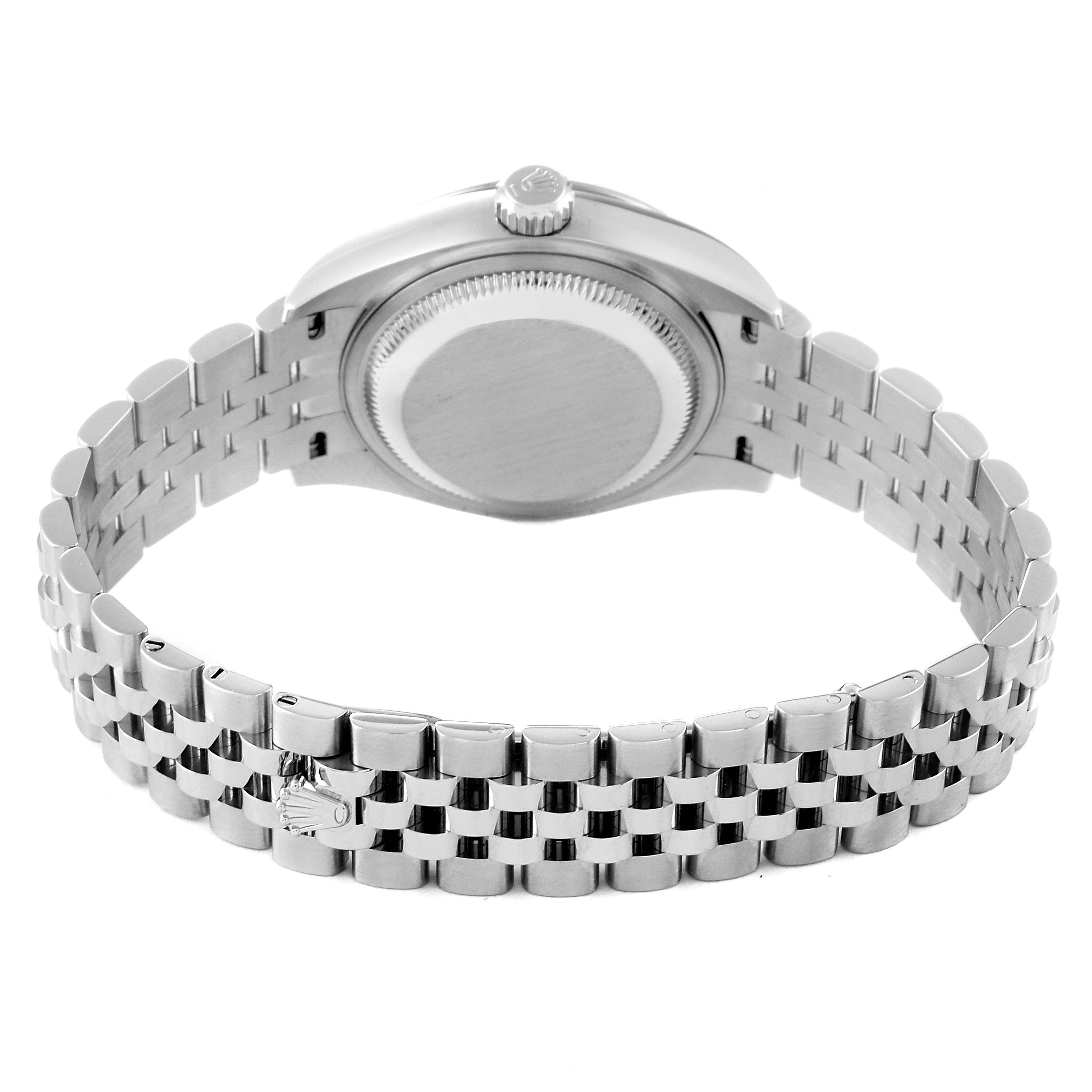 This image shows the back view of a Rolex Datejust 279174 Women's Stainless Steel Grey Dial 279174 Women's Stainless Steel Grey Dial watch, highlighting the case back and jubilee bracelet.