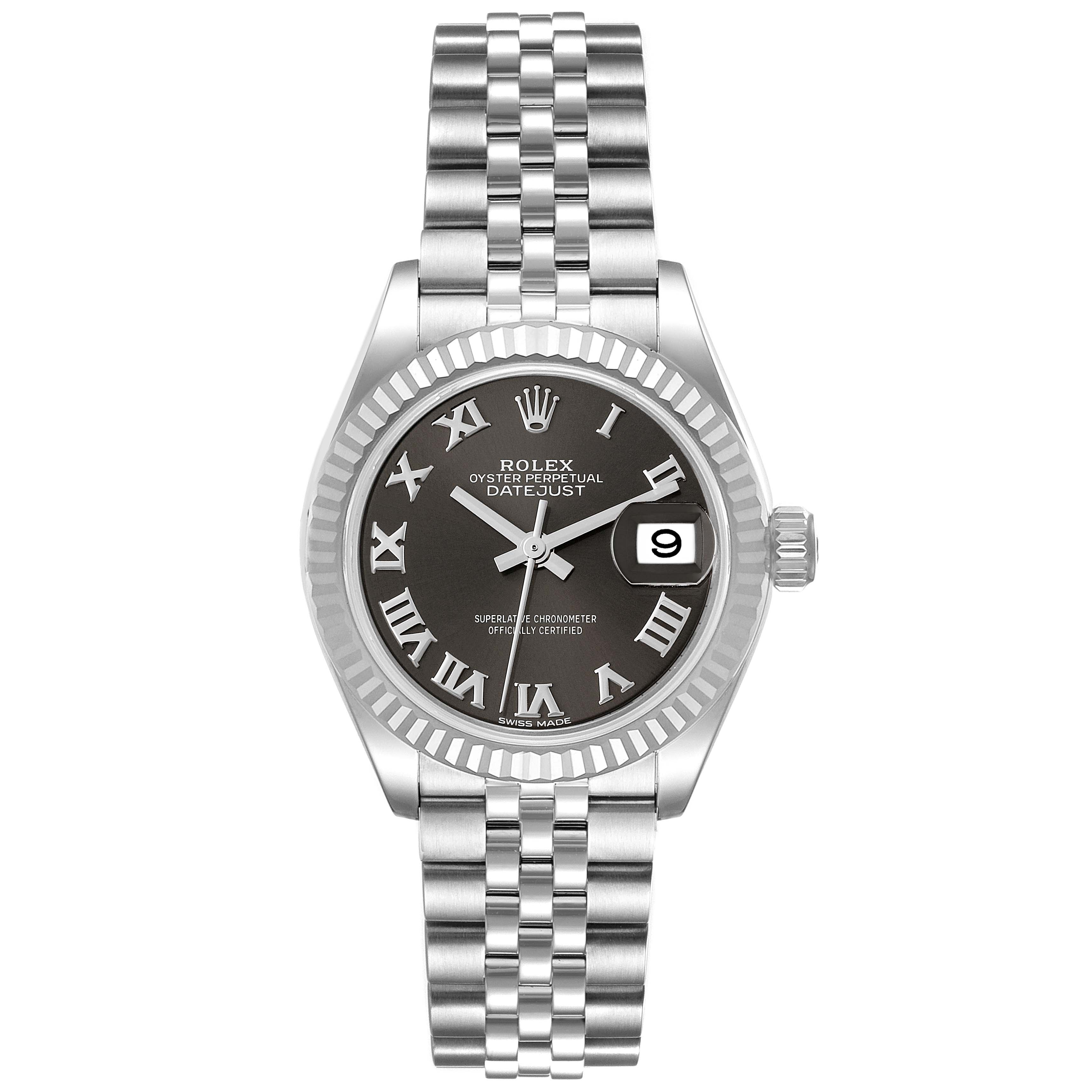 The image shows a front view of the Rolex Datejust 279174 Women's Stainless Steel Grey Dial 279174 Women's Stainless Steel Grey Dial watch, featuring a stainless steel case, Roman numeral dial, and Jubilee bracelet.