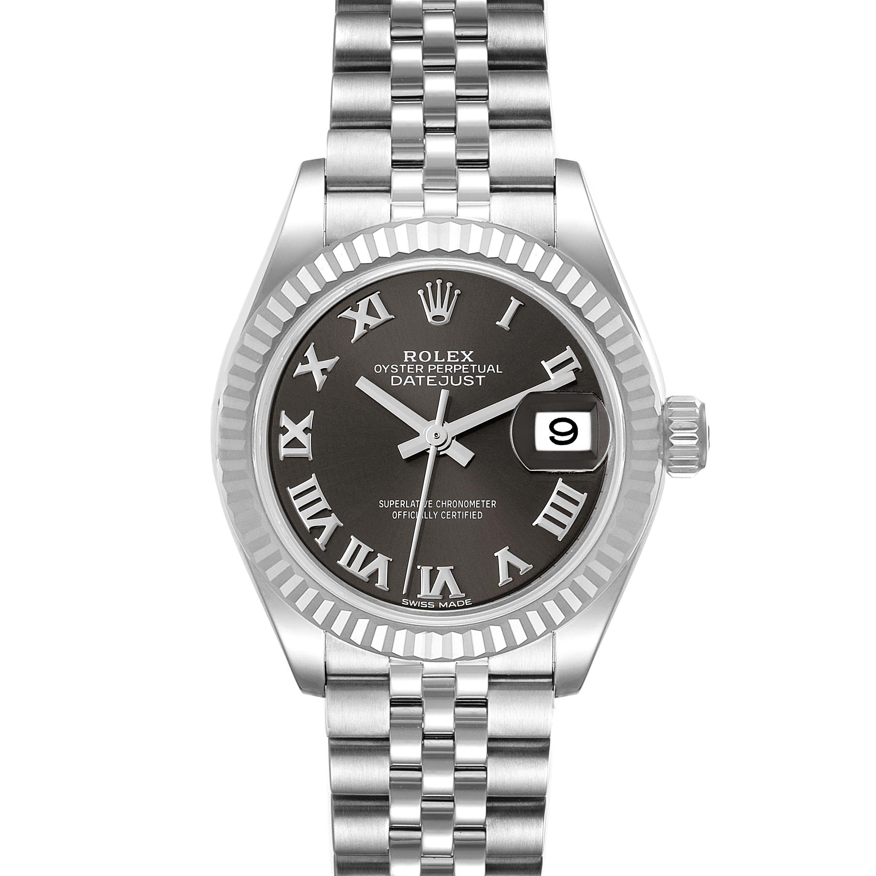 The image shows a front view of the Rolex Datejust 279174 Women's Stainless Steel Grey Dial 279174 Women's Stainless Steel Grey Dial watch, showcasing its face, date window, and bracelet.