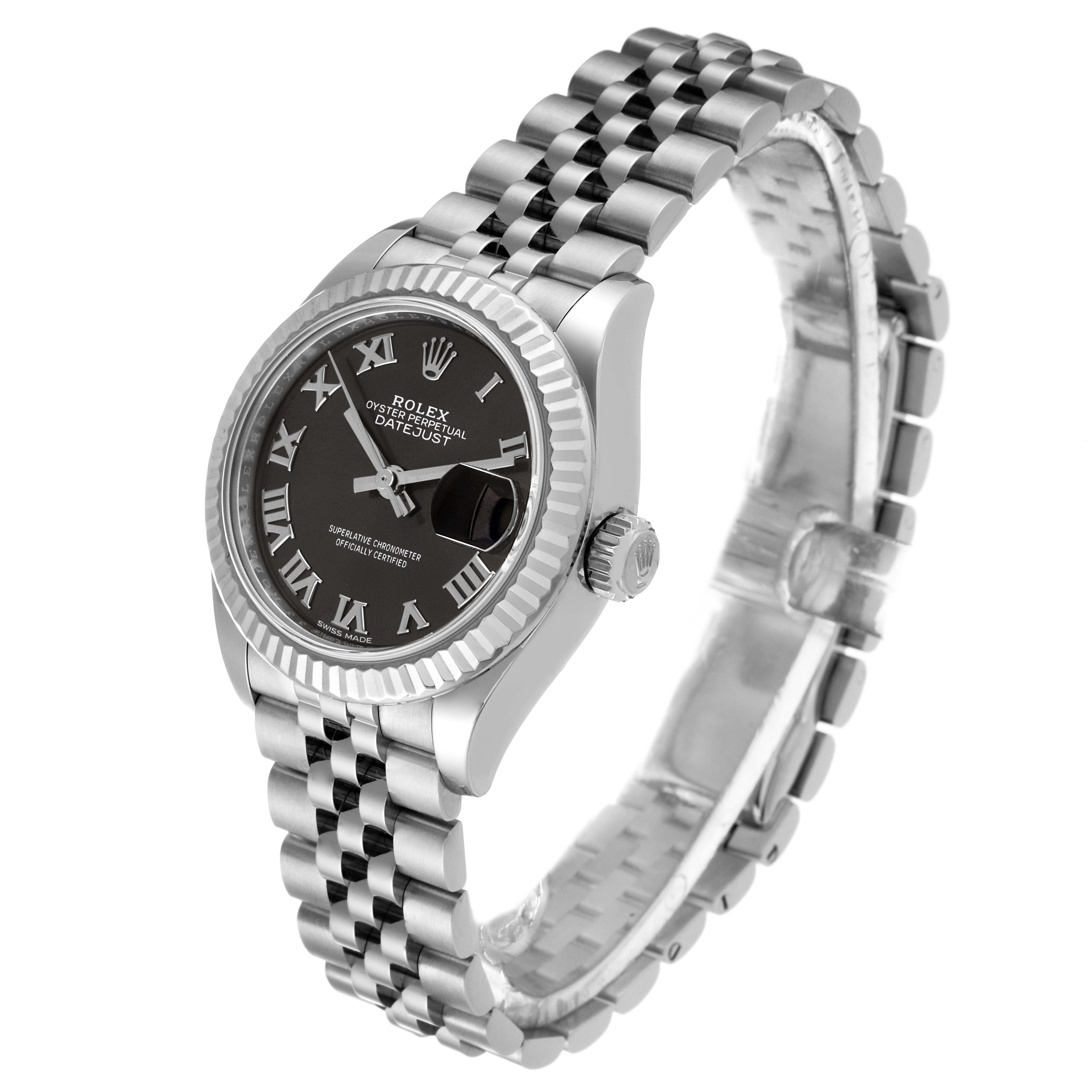 The image shows a Rolex Datejust 279174 Women's Stainless Steel Grey Dial 279174 Women's Stainless Steel Grey Dial watch from an angled side view, highlighting its dial, case, and bracelet.