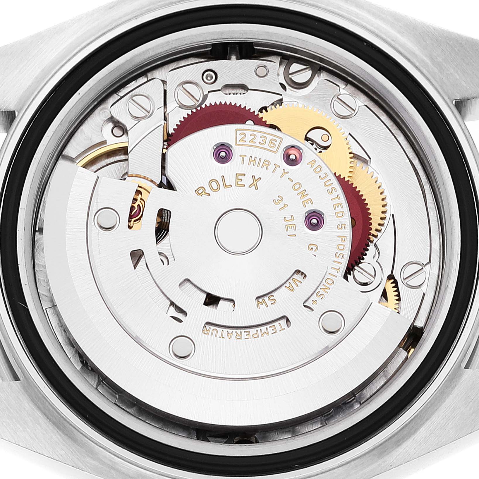 The image shows the inner mechanism of a Rolex Datejust 279174 Women's Stainless Steel Grey Dial 279174 Women's Stainless Steel Grey Dial watch, viewed from the back, highlighting the movement and gears.