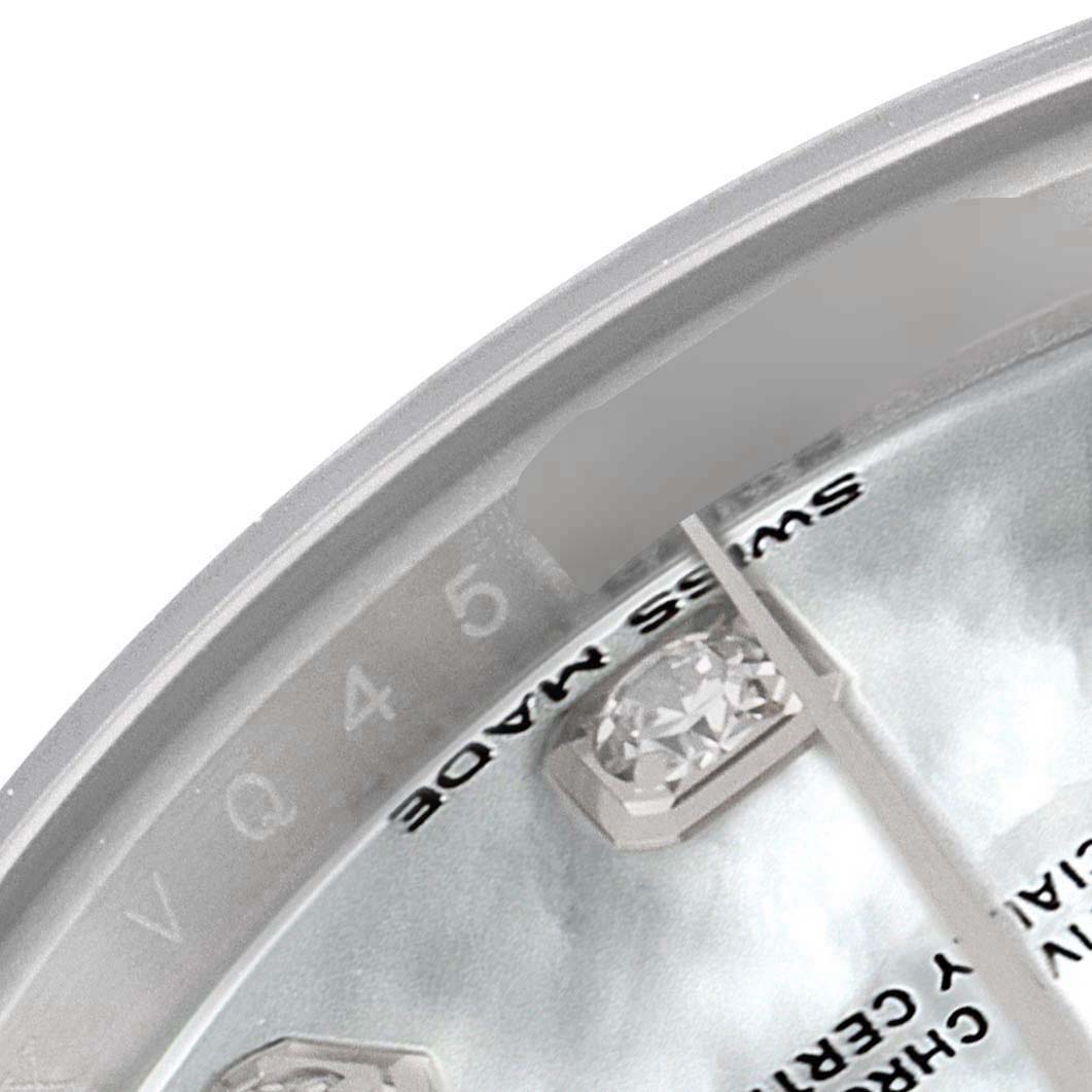 The image shows a close-up of the Rolex Datejust 279174 Women's Stainless Steel Mother of Pearl Dial 279174 Women's Stainless Steel Mother of Pearl Dial model's dial, featuring diamond hour markers and the "SWISS MADE" text.