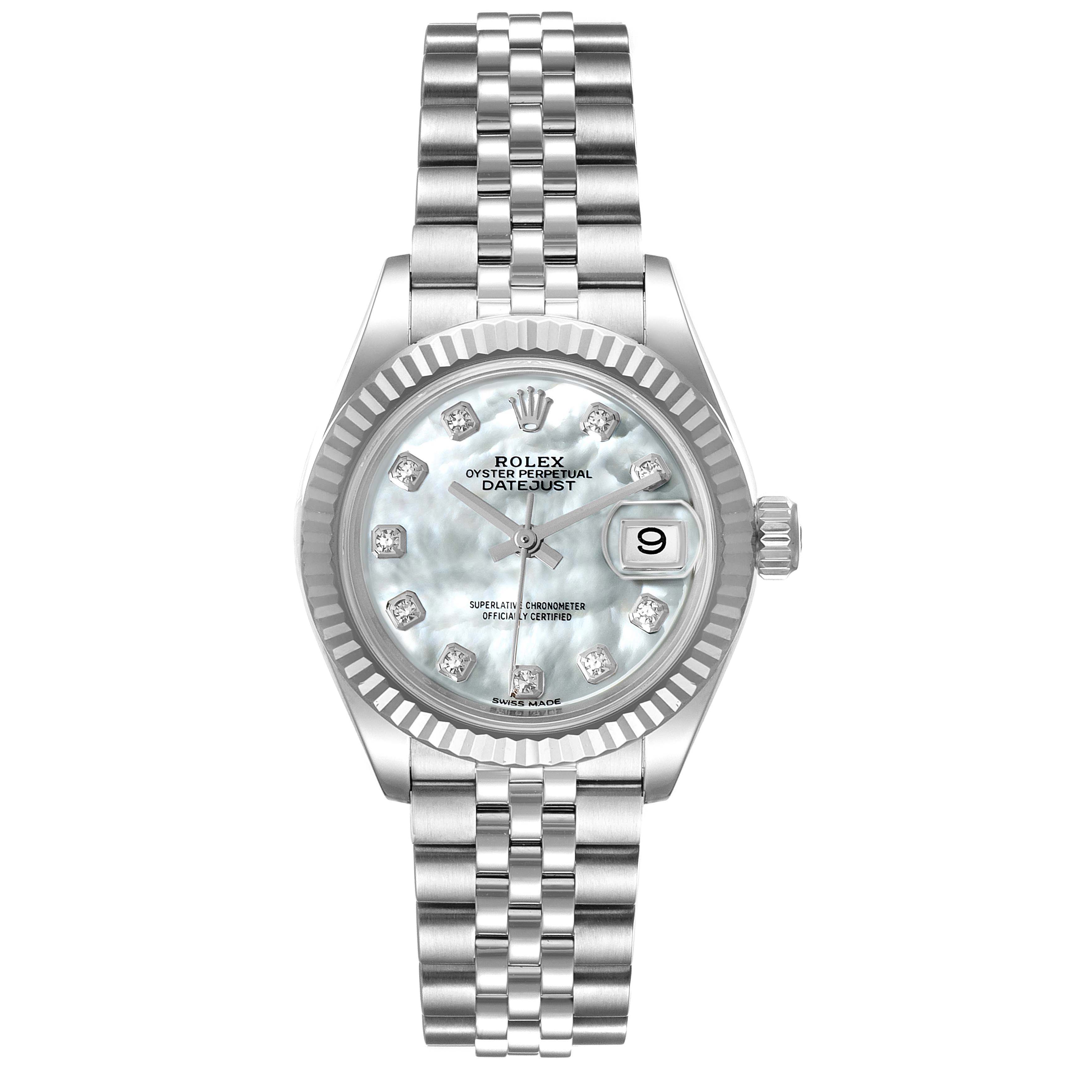 The image shows a front view of a Rolex Datejust 279174 Women's Stainless Steel Mother of Pearl Dial 279174 Women's Stainless Steel Mother of Pearl Dial watch, highlighting the face, bracelet, fluted bezel, and date display.