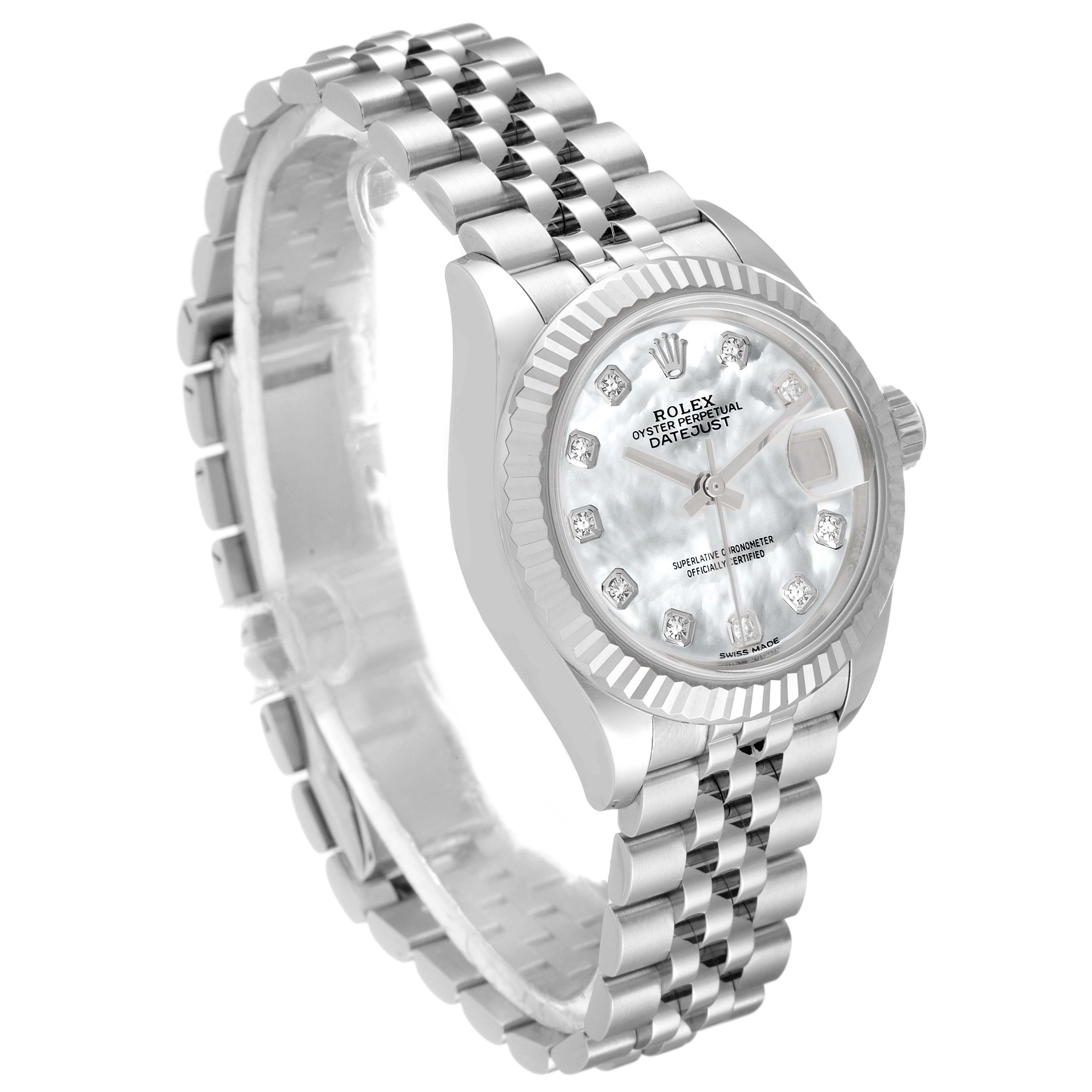 This image shows a Rolex Datejust 279174 Women's Stainless Steel Mother of Pearl Dial 279174 Women's Stainless Steel Mother of Pearl Dial watch at an angled side view, highlighting its dial, bezel, and Jubilee bracelet.