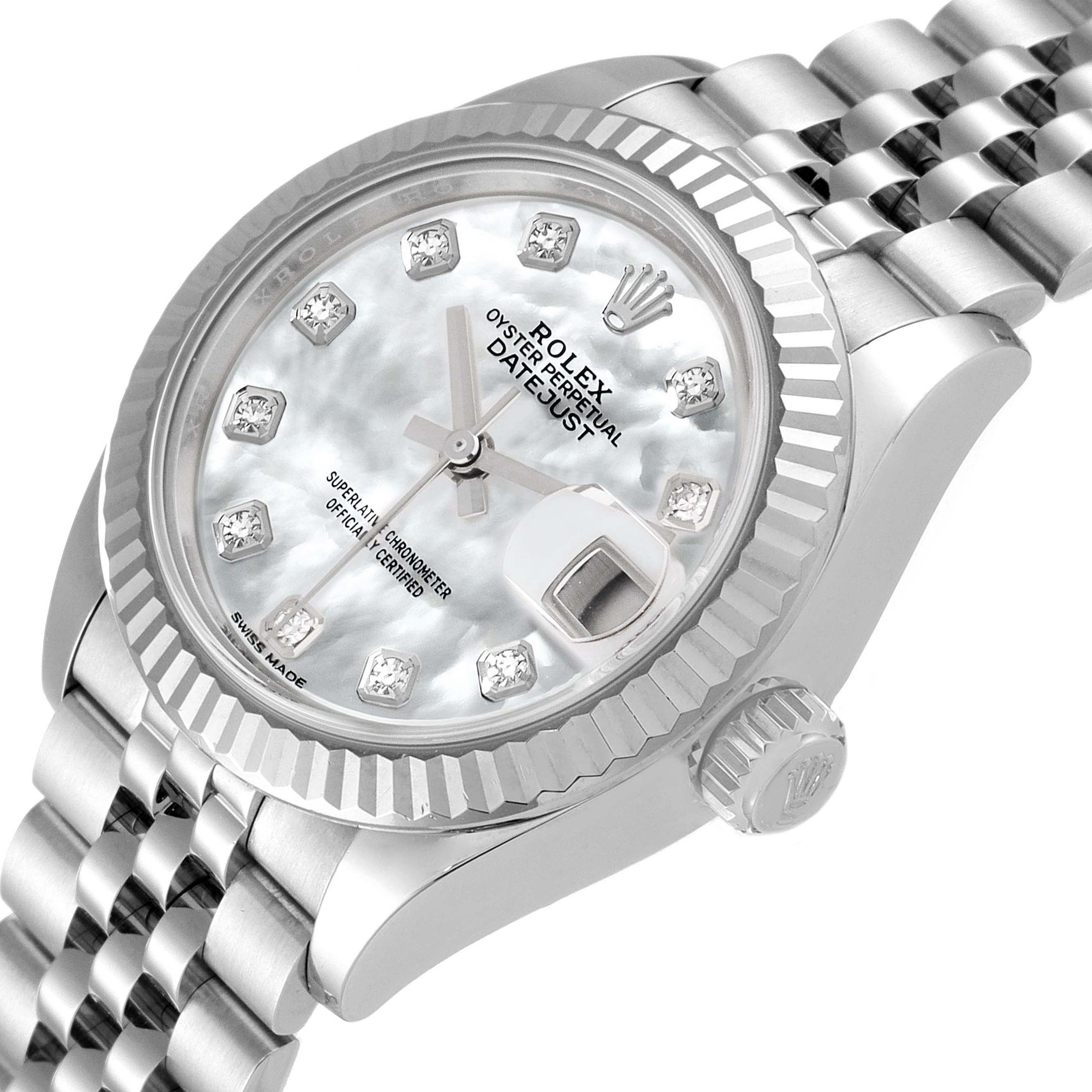 The image shows a Rolex Datejust 279174 Women's Stainless Steel Mother of Pearl Dial 279174 Women's Stainless Steel Mother of Pearl Dial watch from an angled side view, highlighting the dial, bezel, crown, and bracelet.