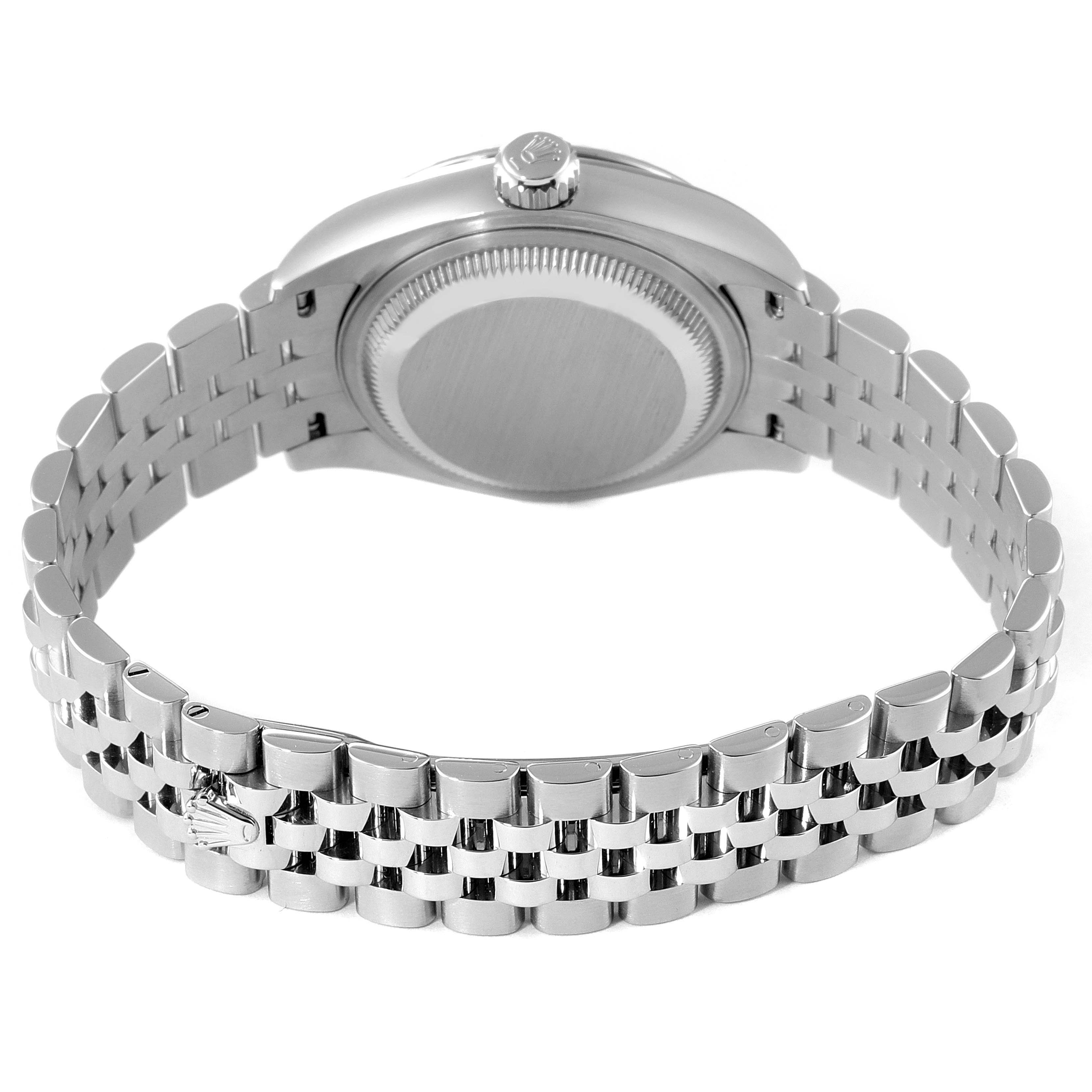 This image shows the back of a Rolex Datejust 279174 Women's Stainless Steel Mother of Pearl Dial 279174 Women's Stainless Steel Mother of Pearl Dial watch, highlighting its case, crown, and metal band from a rear angle.