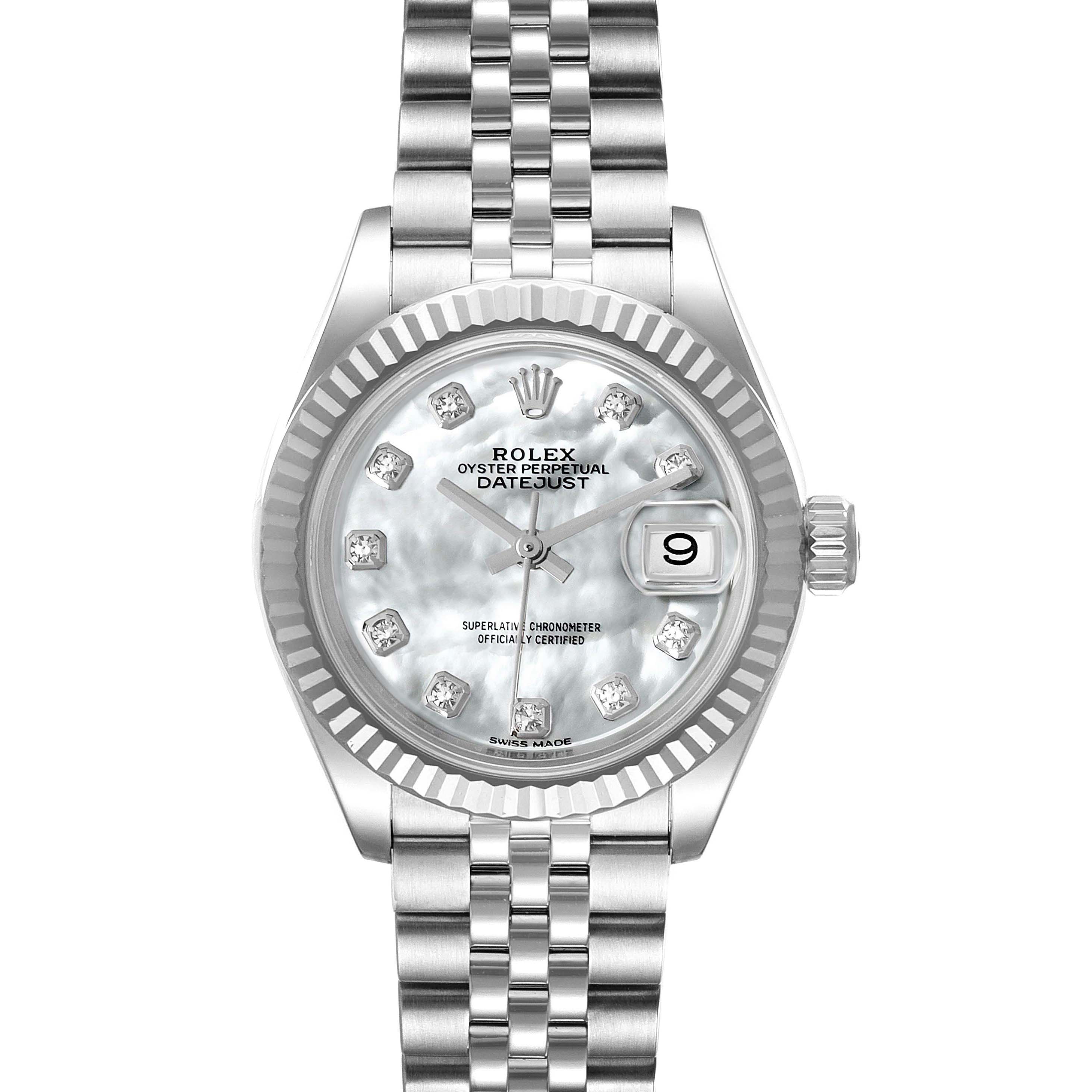 The Rolex Datejust 279174 Women's Stainless Steel Mother of Pearl Dial 279174 Women's Stainless Steel Mother of Pearl Dial watch is shown from a straight-on angle, displaying the face, bezel, and bracelet.