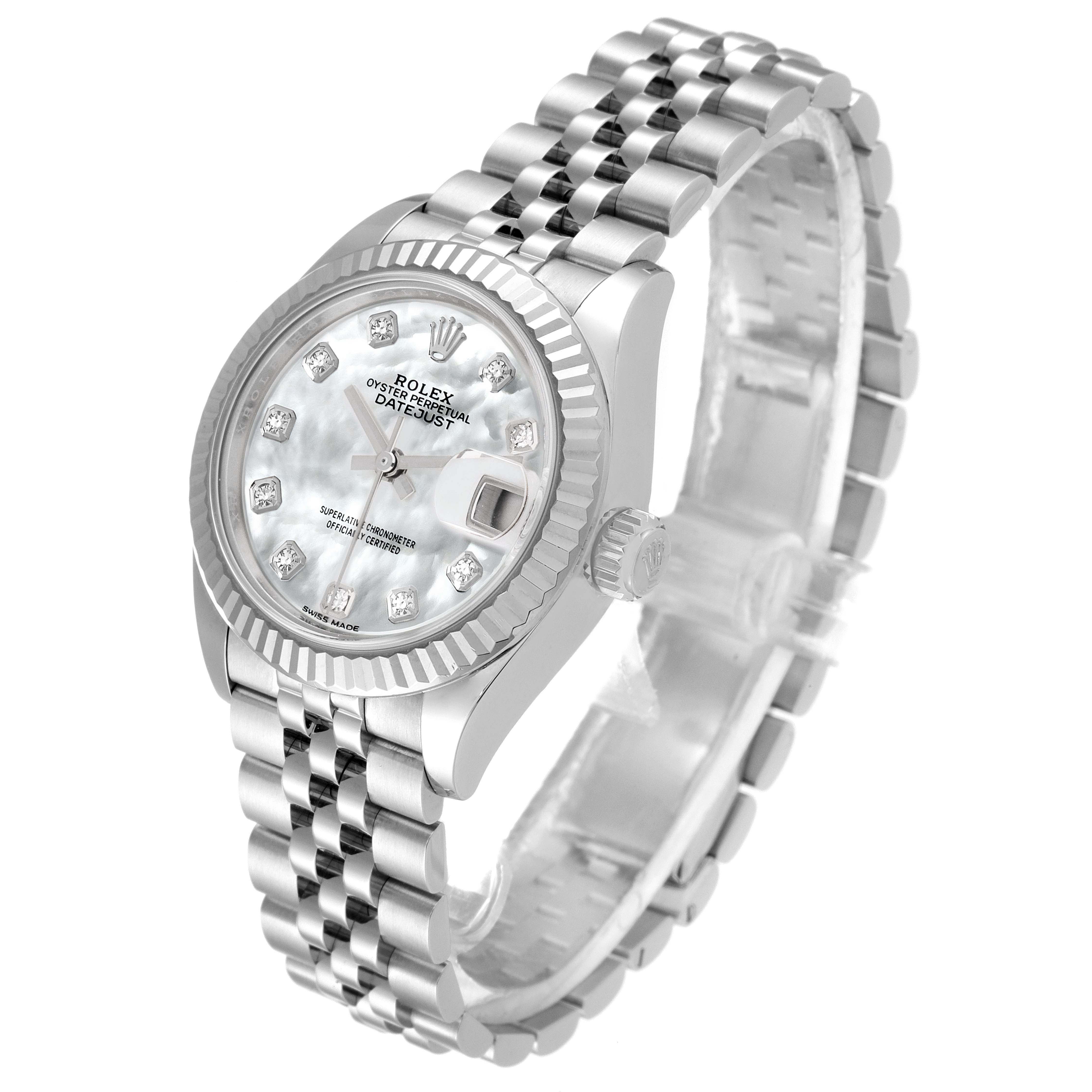This Rolex Datejust 279174 Women's Stainless Steel Mother of Pearl Dial 279174 Women's Stainless Steel Mother of Pearl Dial watch is shown at a three-quarter angle, featuring its bracelet, dial, crown, and fluted bezel.