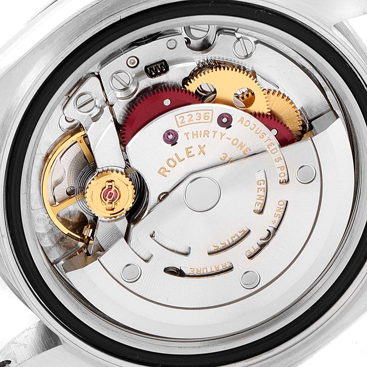 This image shows the internal mechanism of a Rolex Datejust 279174 Women's Stainless Steel Mother of Pearl Dial 279174 Women's Stainless Steel Mother of Pearl Dial watch, highlighting gears and intricate components from a rear angle.