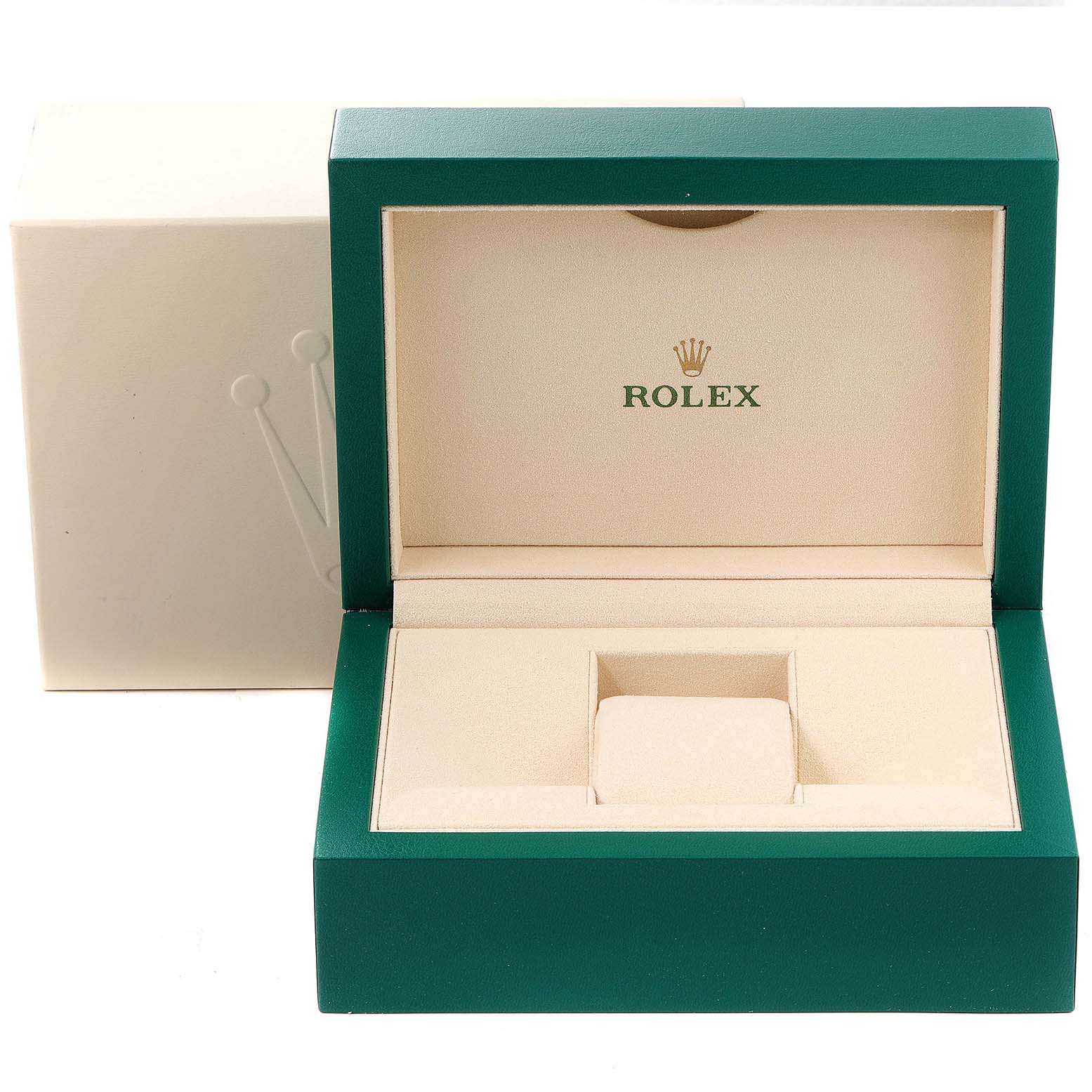 This image shows the open box for a Rolex Datejust 279174 Women's Stainless Steel Mother of Pearl Dial 279174 Women's Stainless Steel Mother of Pearl Dial watch, featuring the Rolex logo inside.