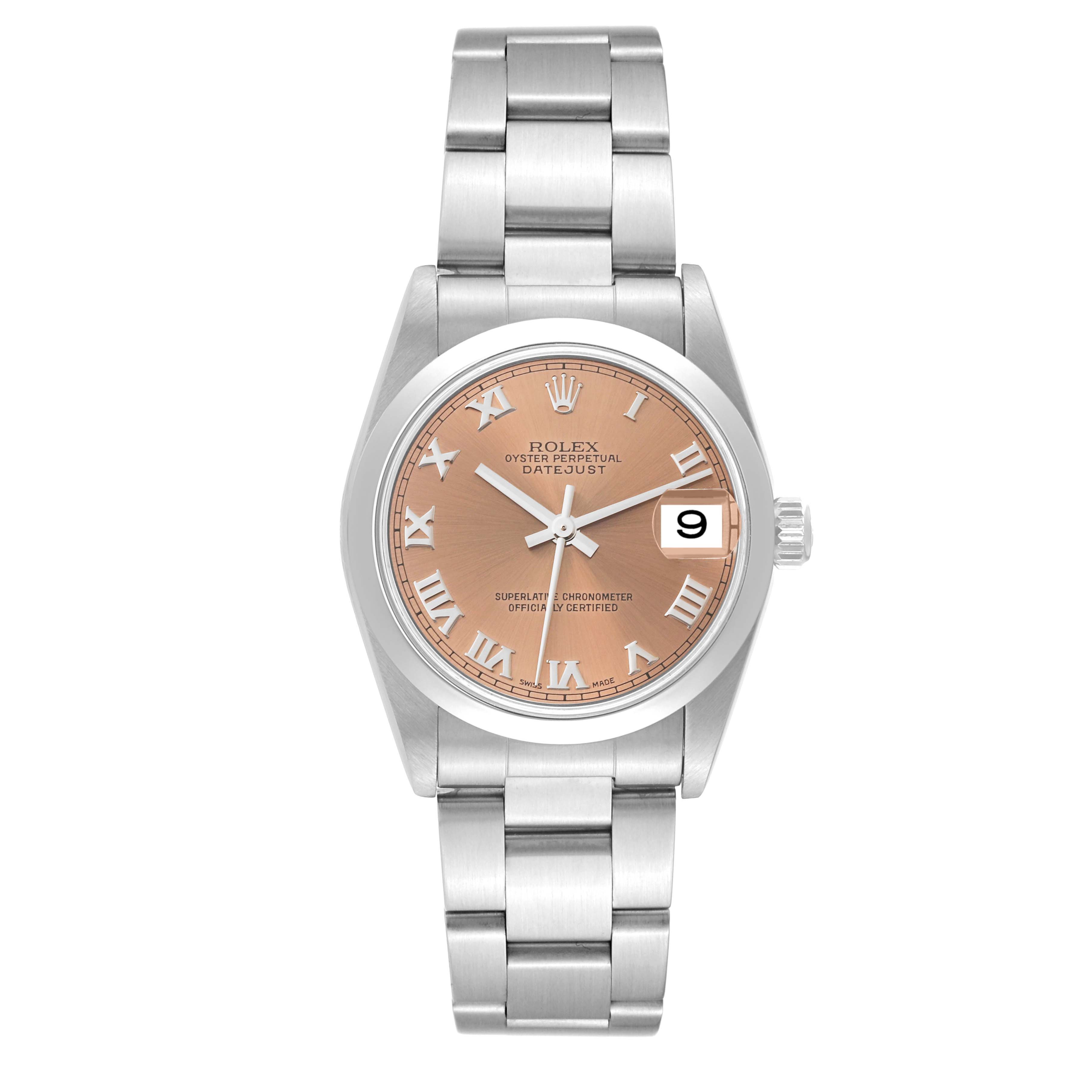 This image shows a front view of the Rolex Mid-Size 78240 Women's Stainless Steel Pink Dial 78240 Women's Stainless Steel Pink Dial Datejust watch, displaying its dial, bracelet, and date window.