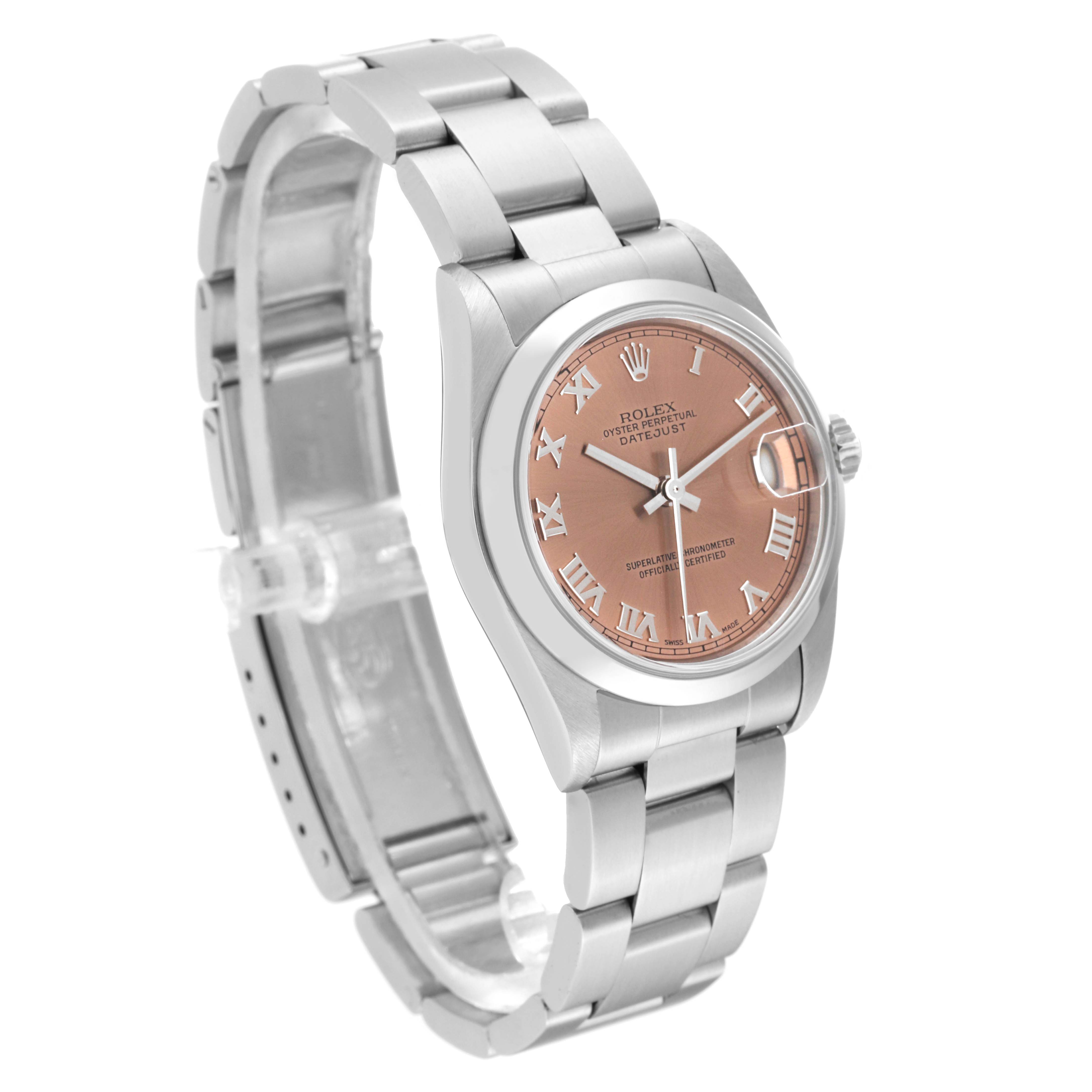 The Rolex Mid-Size 78240 Women's Stainless Steel Pink Dial 78240 Women's Stainless Steel Pink Dial model watch is shown at a slight angle, displaying the pink dial, Roman numeral markers, and metal bracelet.