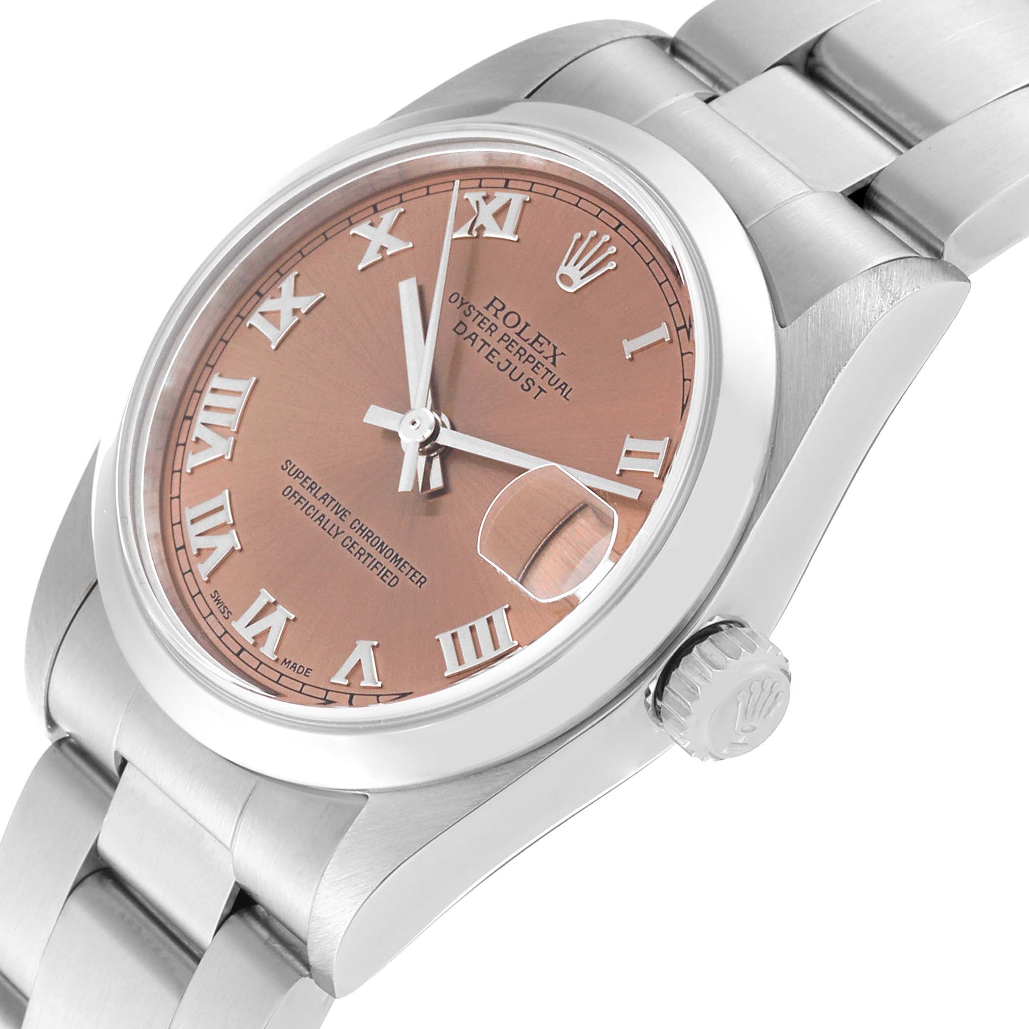 This image shows a close-up, angled view of a Rolex Mid-Size 78240 Women's Stainless Steel Pink Dial 78240 Women's Stainless Steel Pink Dial Oyster Perpetual Datejust, highlighting the dial, bezel, and bracelet.