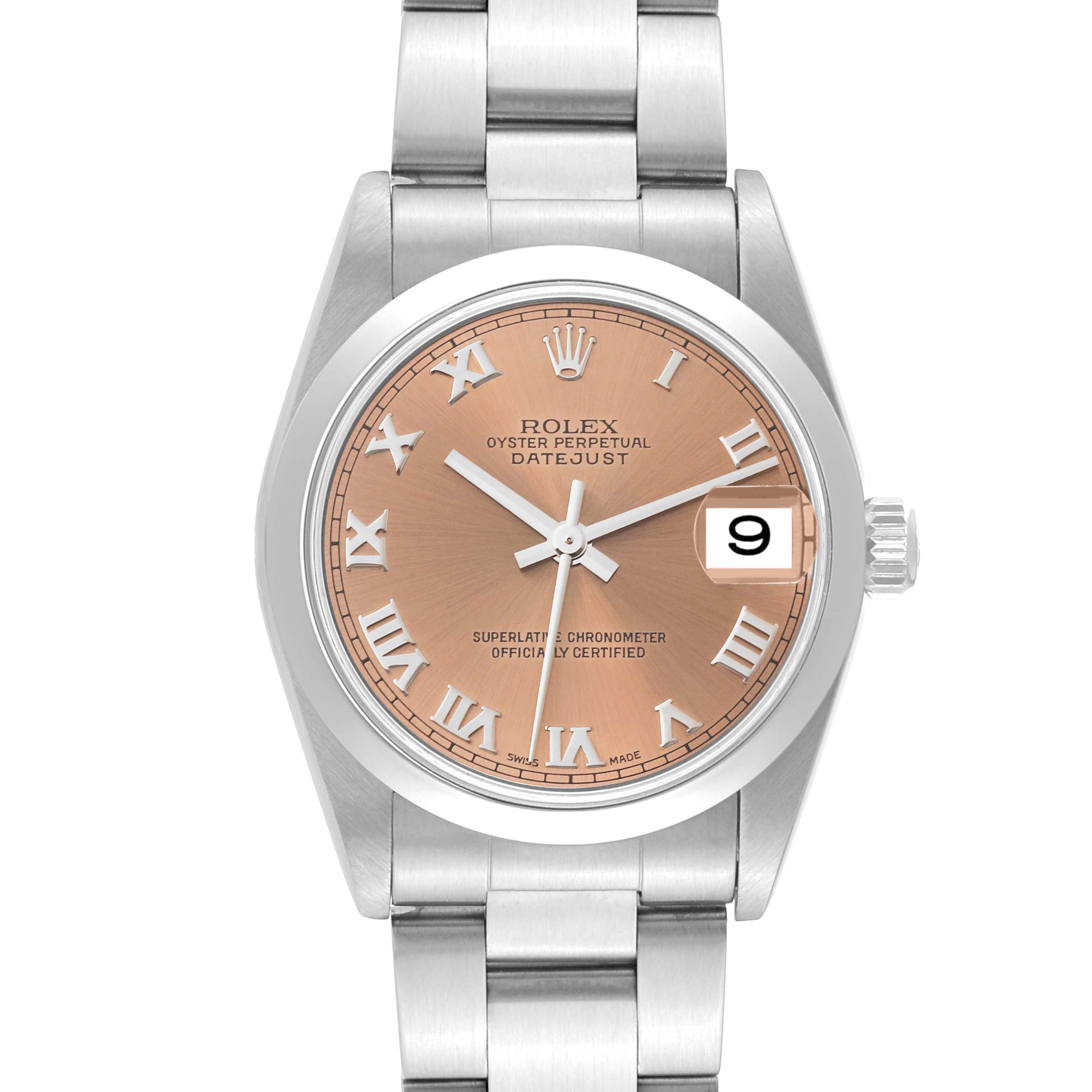 The image displays a frontal view of a Rolex Mid-Size 78240 Women's Stainless Steel Pink Dial 78240 Women's Stainless Steel Pink Dial Datejust watch, showing the dial, hands, bracelet, and date window.