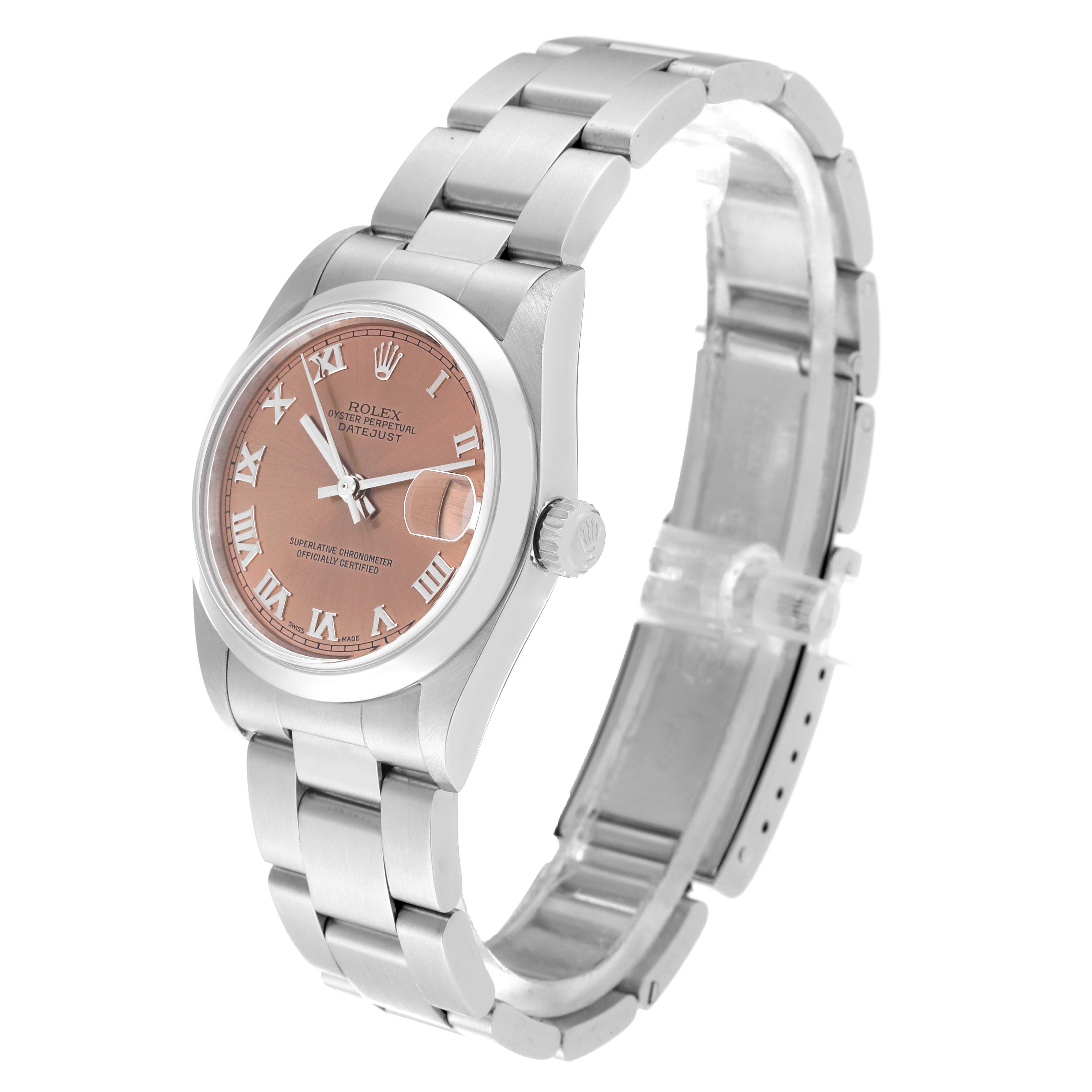 This image shows a Rolex Mid-Size 78240 Women's Stainless Steel Pink Dial 78240 Women's Stainless Steel Pink Dial Datejust watch from a three-quarter angle, highlighting the face, bezel, crown, and bracelet.