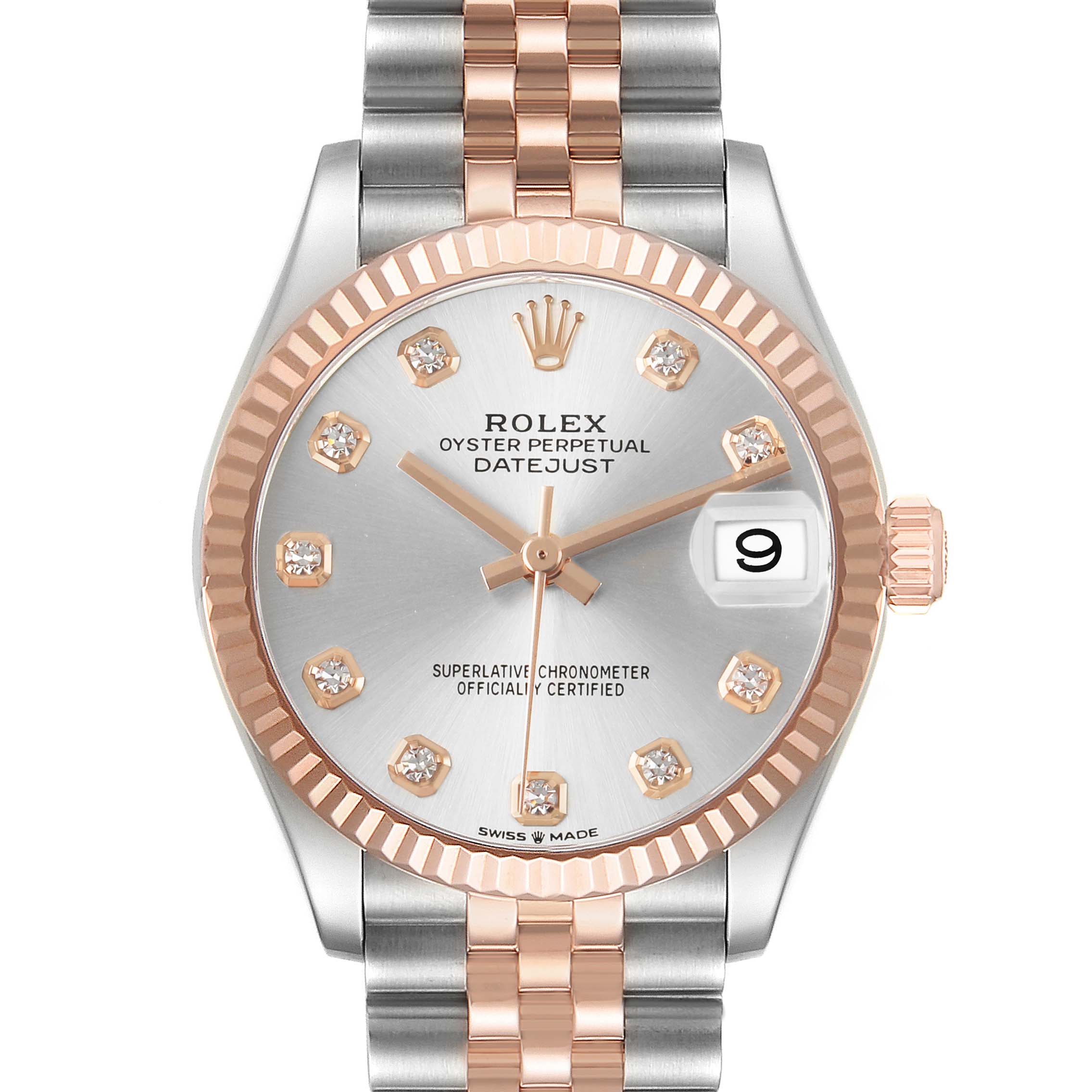 The Rolex Mid-Size 278271 Women's Steel and Gold (two tone) Silver Dial Datejust watch is shown from the front, highlighting the dial, bezel, and bracelet.