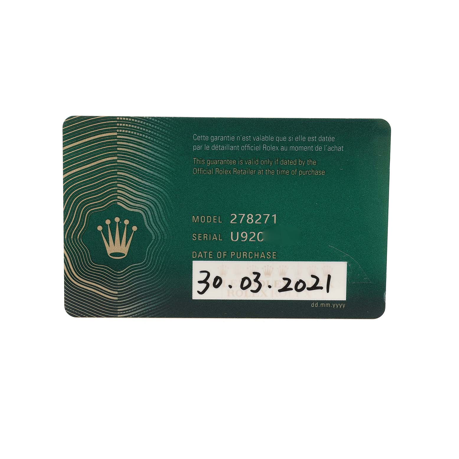 This image shows the warranty card for a Rolex Mid-Size 278271 Women's Steel and Gold (two tone) Silver Dial model 278271.