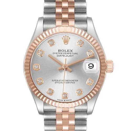 The Rolex Mid-Size 278271 Women's Steel and Gold (two tone) Silver Dial watch is shown from the front, displaying the face, bezel, and part of the bracelet.
