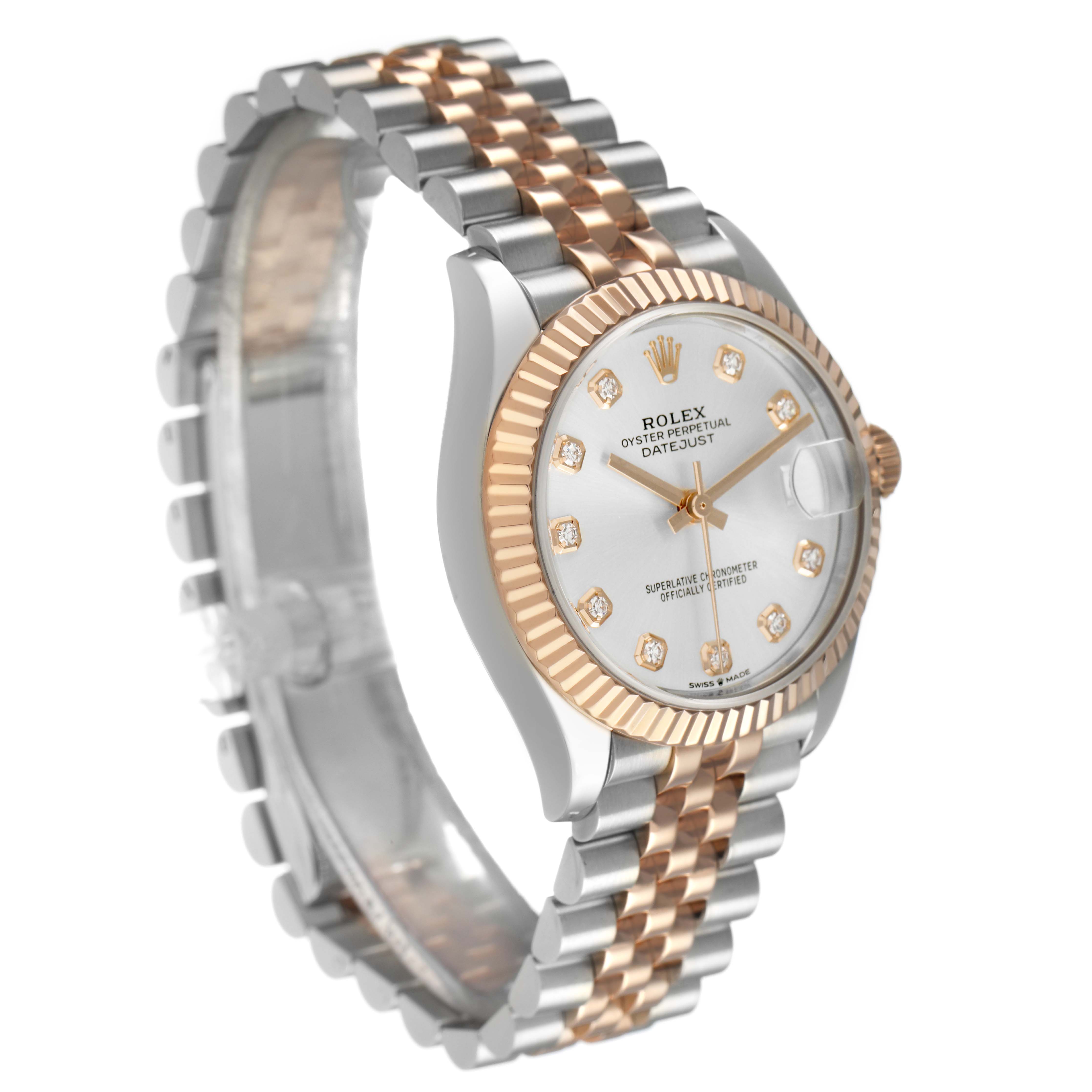 The Rolex Mid-Size 278271 Women's Steel and Gold (two tone) Silver Dial Datejust watch is shown at an angle highlighting the dial, fluted bezel, crown, and Jubilee bracelet.