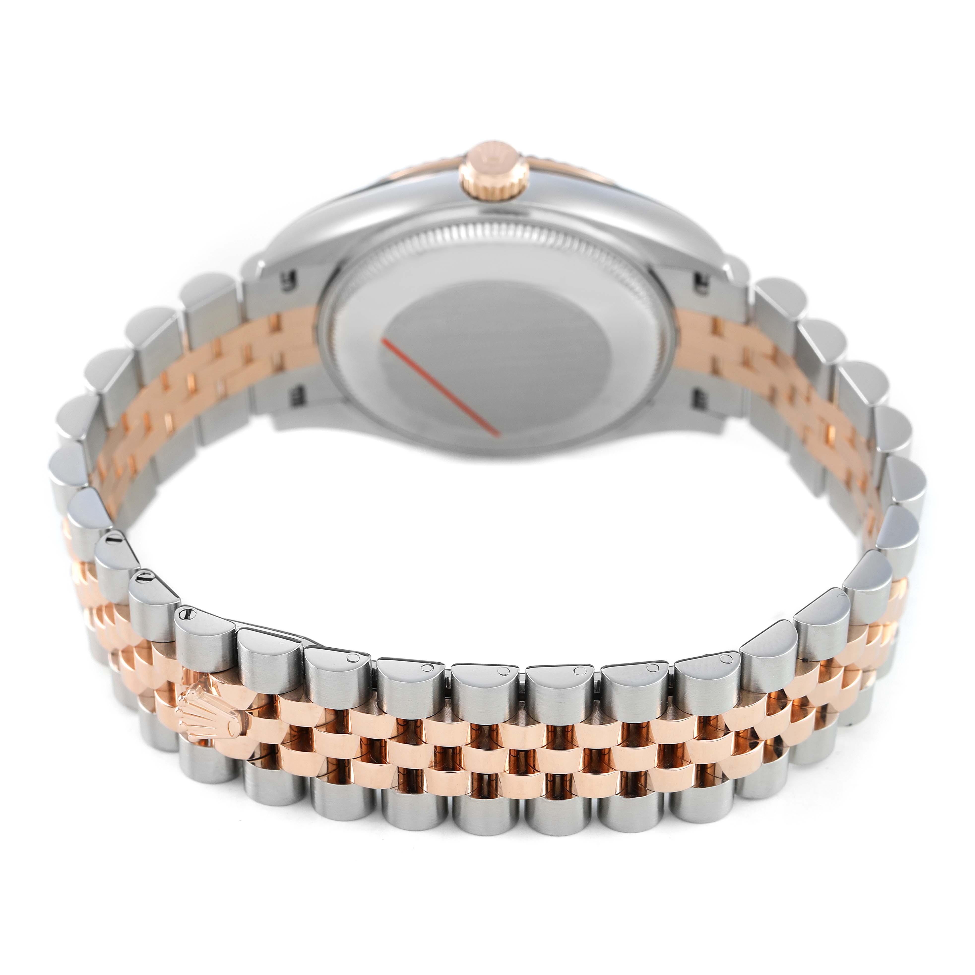 The Rolex Mid-Size 278271 Women's Steel and Gold (two tone) Silver Dial watch is shown from the back, highlighting the two-tone bracelet and case back.