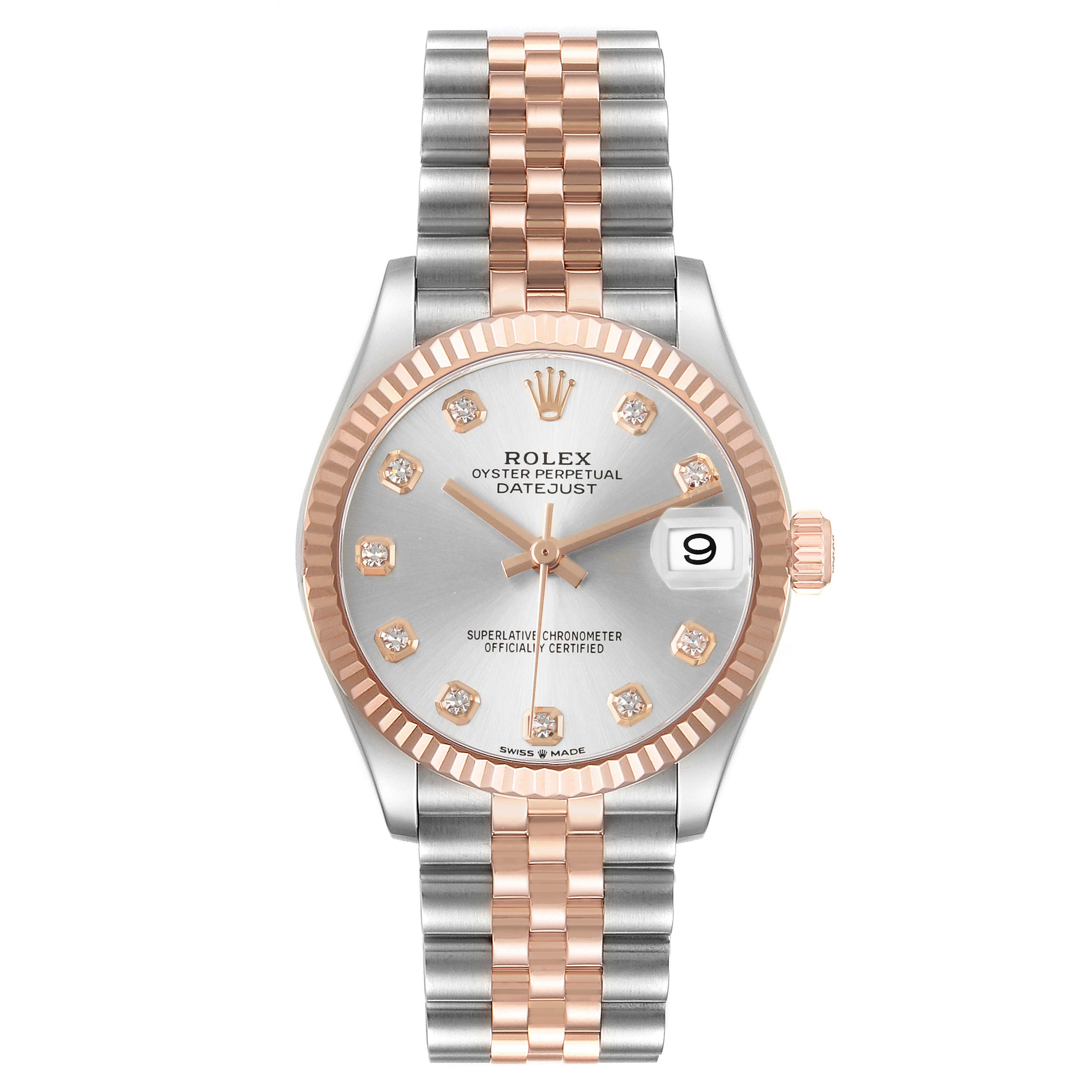 The Rolex Datejust Mid-Size watch is shown from the front, displaying the face, fluted bezel, and part of the bracelet.