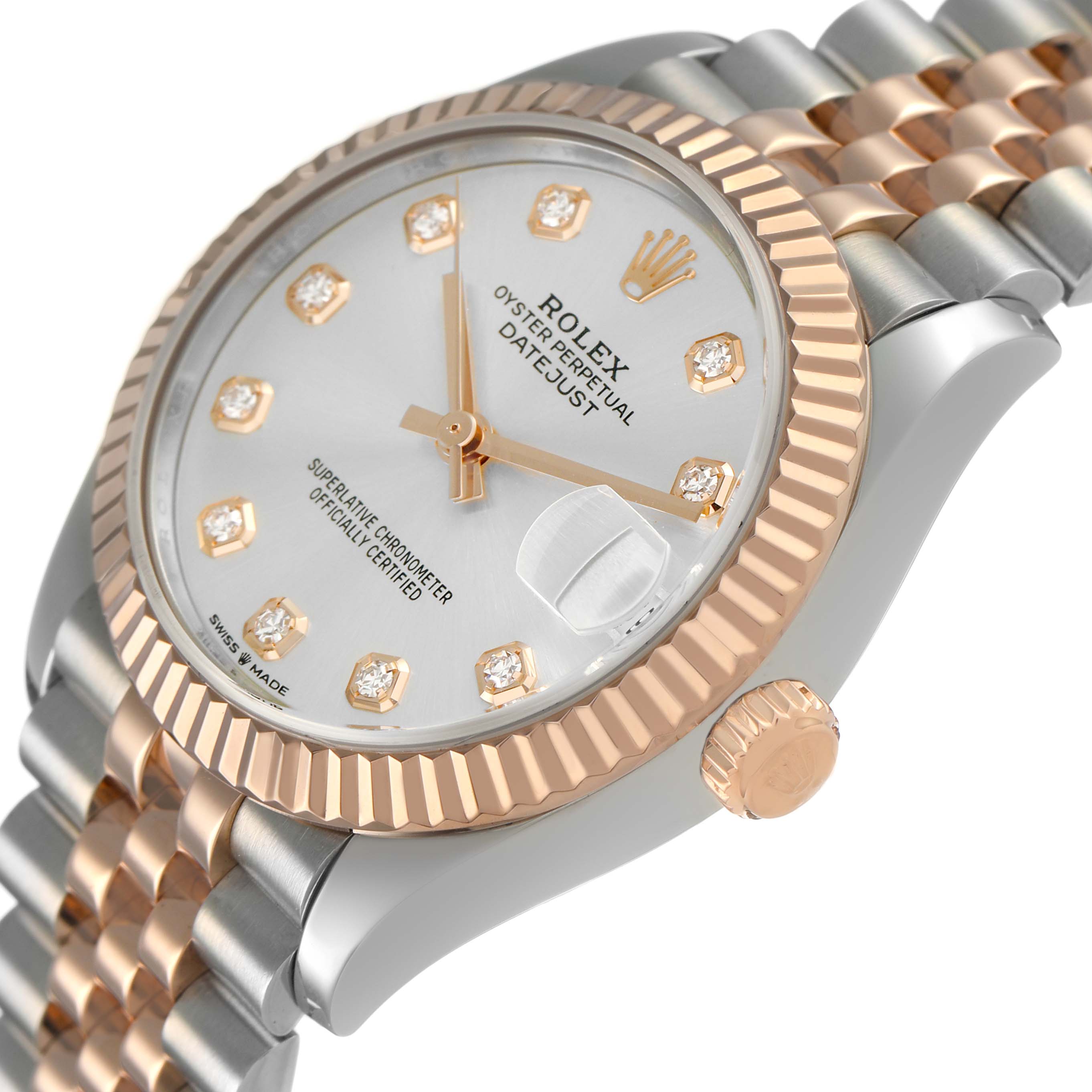 The image shows a Rolex Mid-Size 278271 Women's Steel and Gold (two tone) Silver Dial Datejust watch at a three-quarter angle, highlighting the bezel, face, crown, and bracelet.