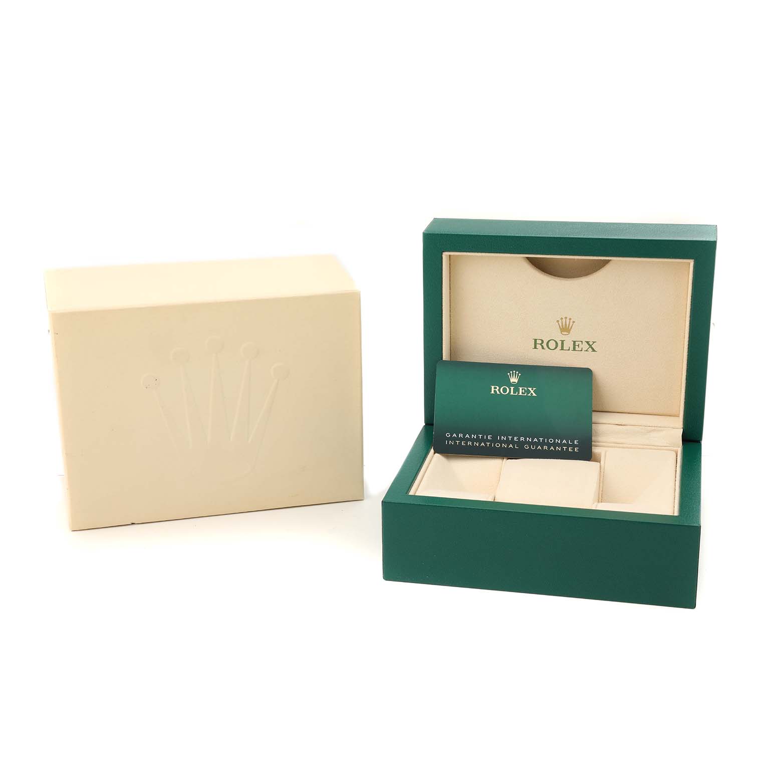 This image shows a Rolex Mid-Size 278271 Women's Steel and Gold (two tone) Silver Dial model watch box, with its outer box and warranty card visible.