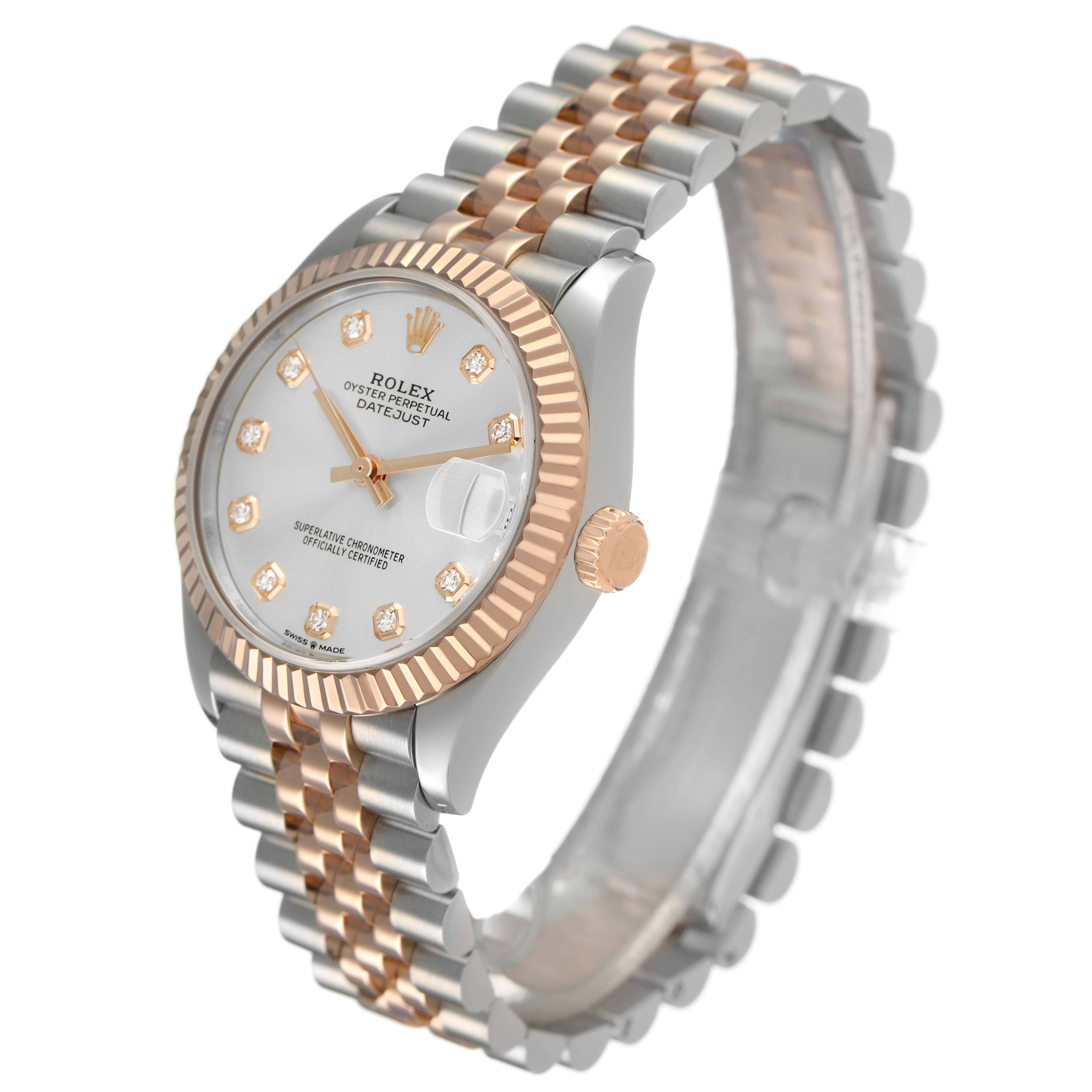 The Rolex Mid-Size 278271 Women's Steel and Gold (two tone) Silver Dial watch is shown at a three-quarter angle highlighting its dial, fluted bezel, crown, and two-tone bracelet.