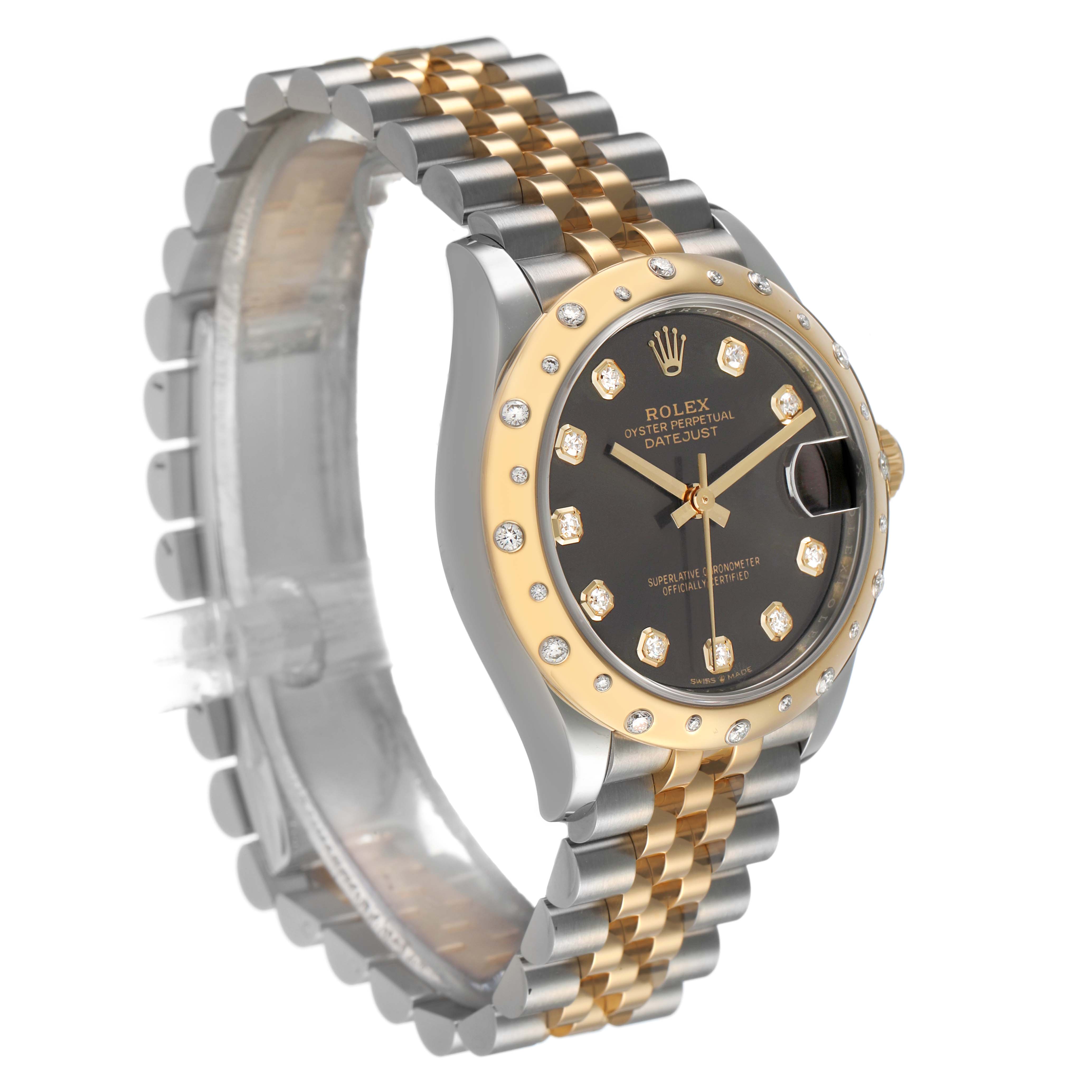 The Rolex Datejust Mid-Size watch is shown at a side angle, featuring its dial, bezel, and jubilee bracelet.