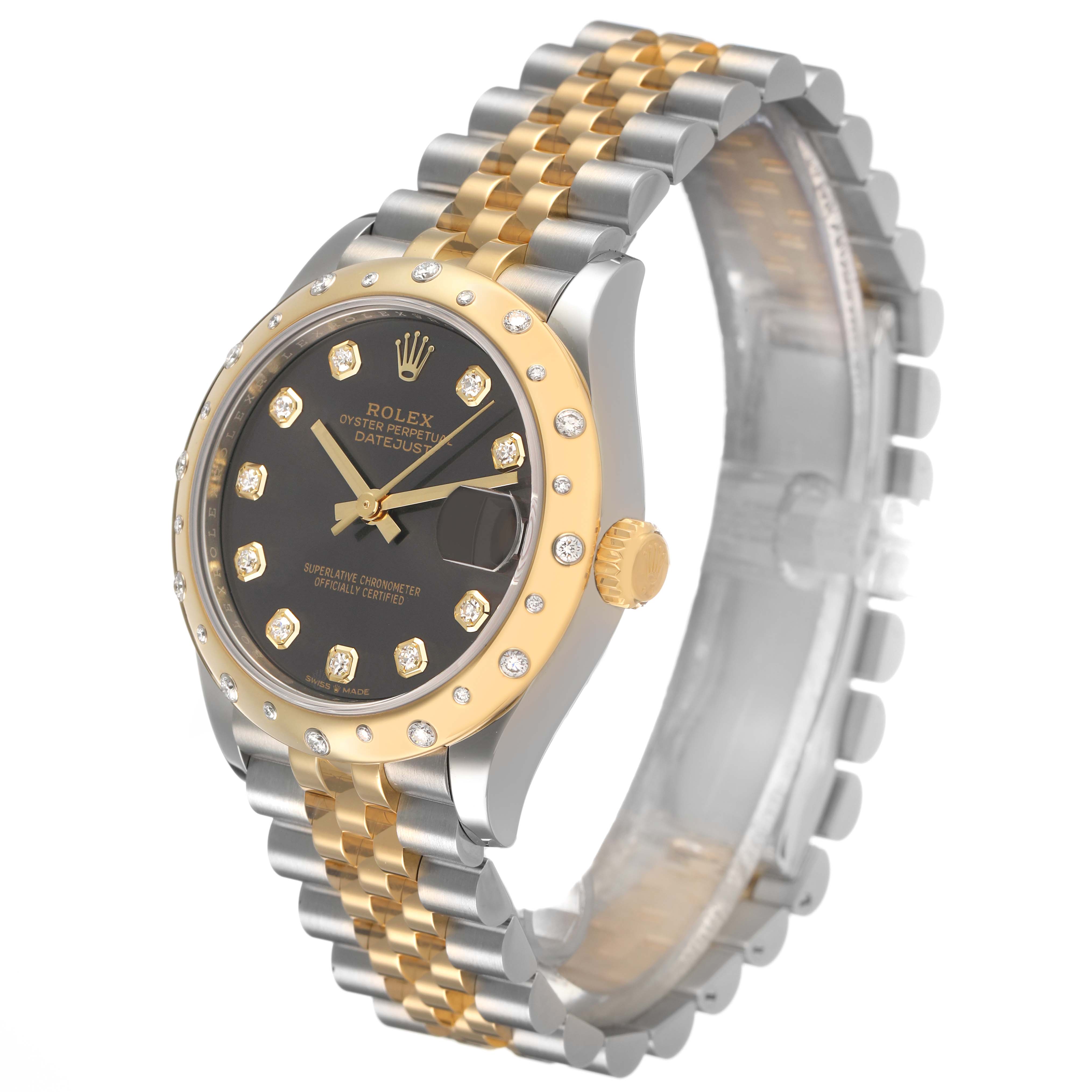 The Rolex Datejust Mid-Size is shown at a front-right angle, displaying the face, bezel, and part of the bracelet.