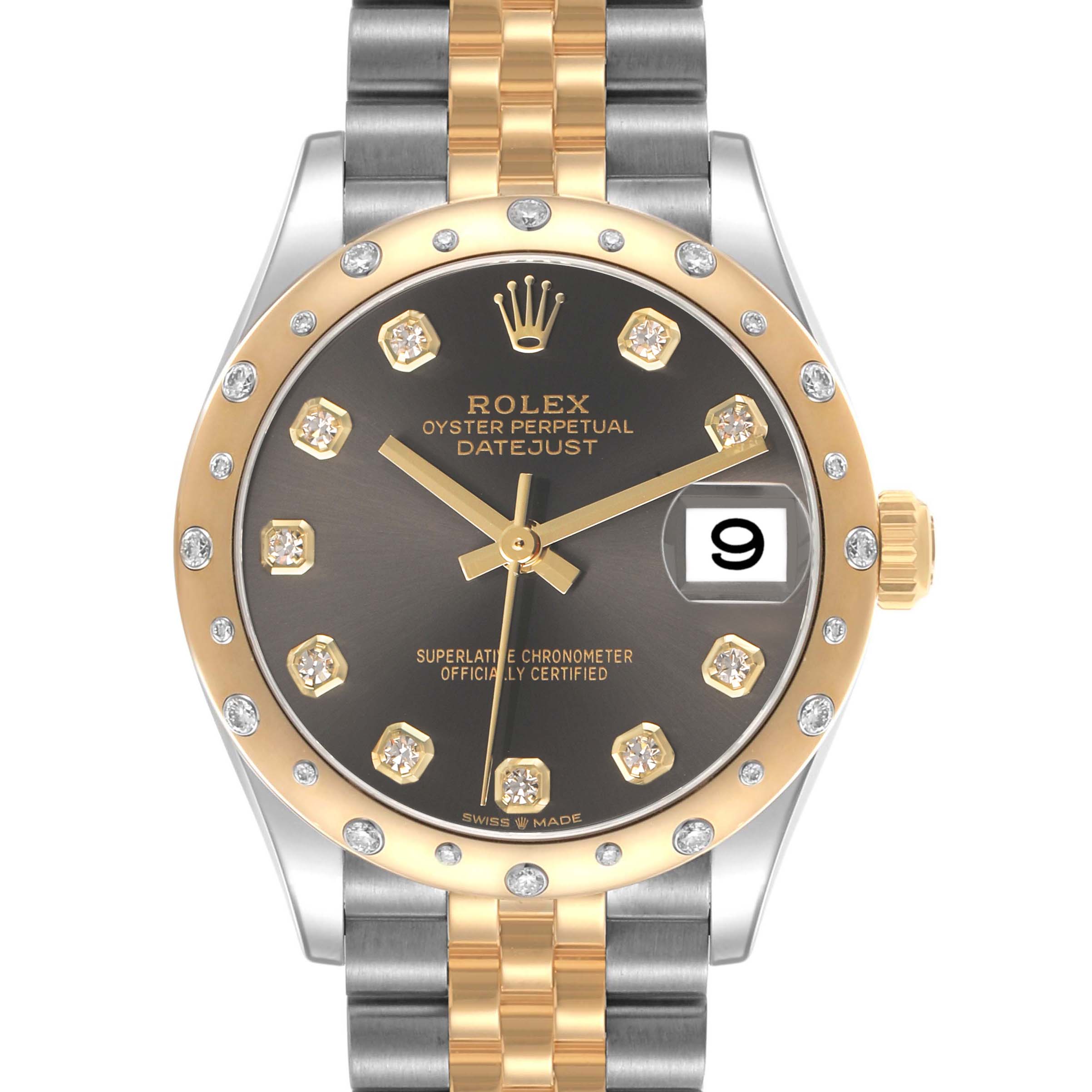 The Rolex Mid-Size 278343 Women's Steel and Gold (two tone) Grey Dial Datejust watch is shown from the front, featuring a dual-tone bracelet, diamond indices, and date display.