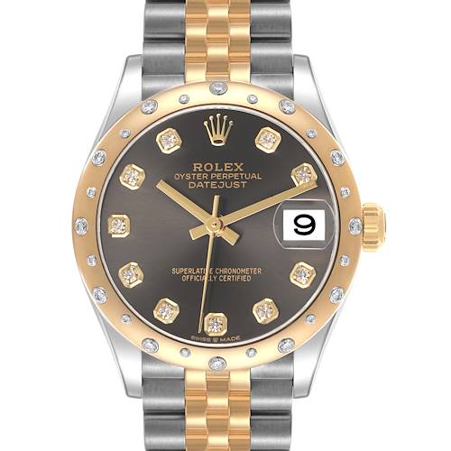 The Rolex Mid-Size 278343 Women's Steel and Gold (two tone) Grey Dial Datejust is shown from the front, displaying the dial, bezel, and part of the bracelet.