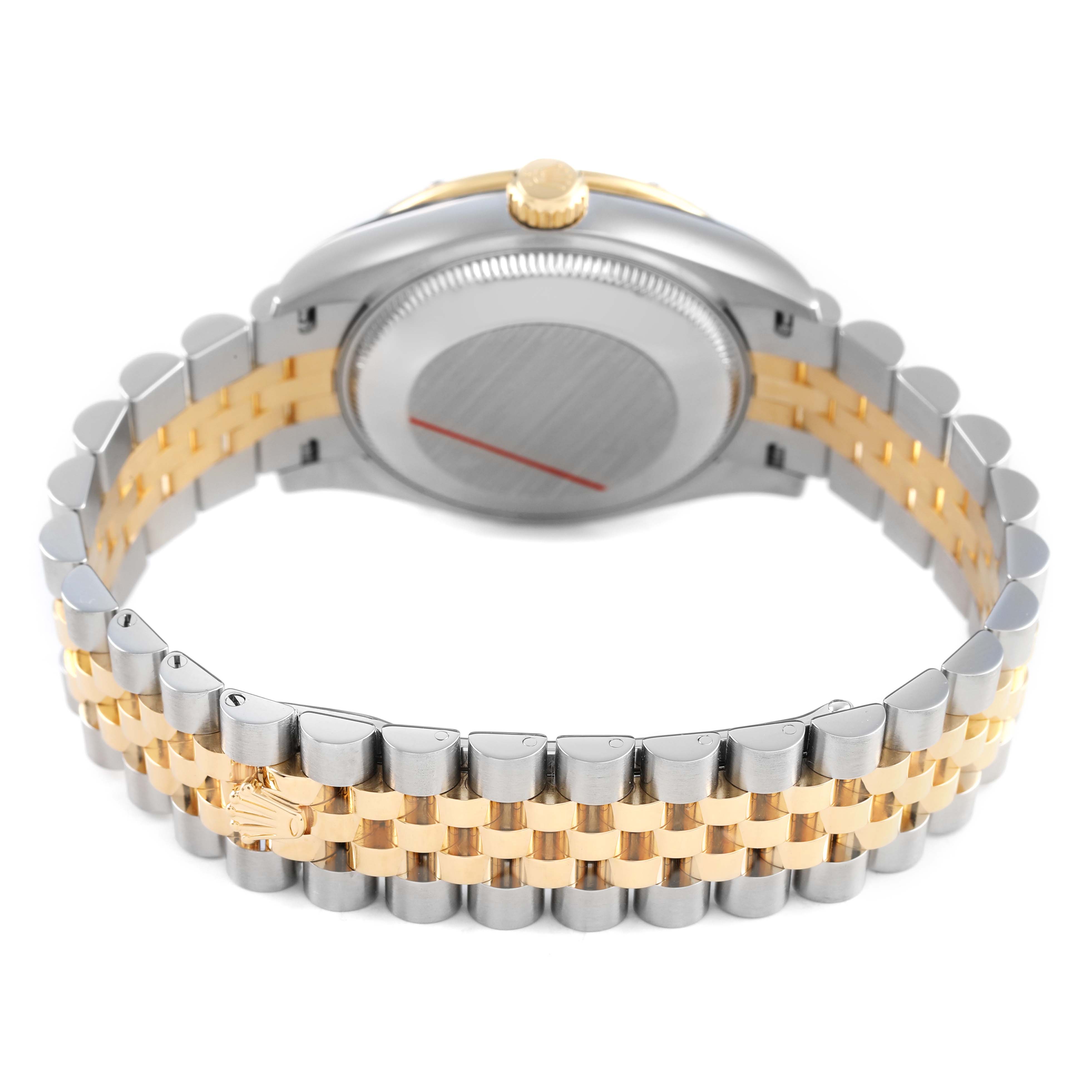 The image shows a Rolex Mid-Size 278343 Women's Steel and Gold (two tone) Grey Dial watch from the back, highlighting the stainless steel and gold bracelet and case back.