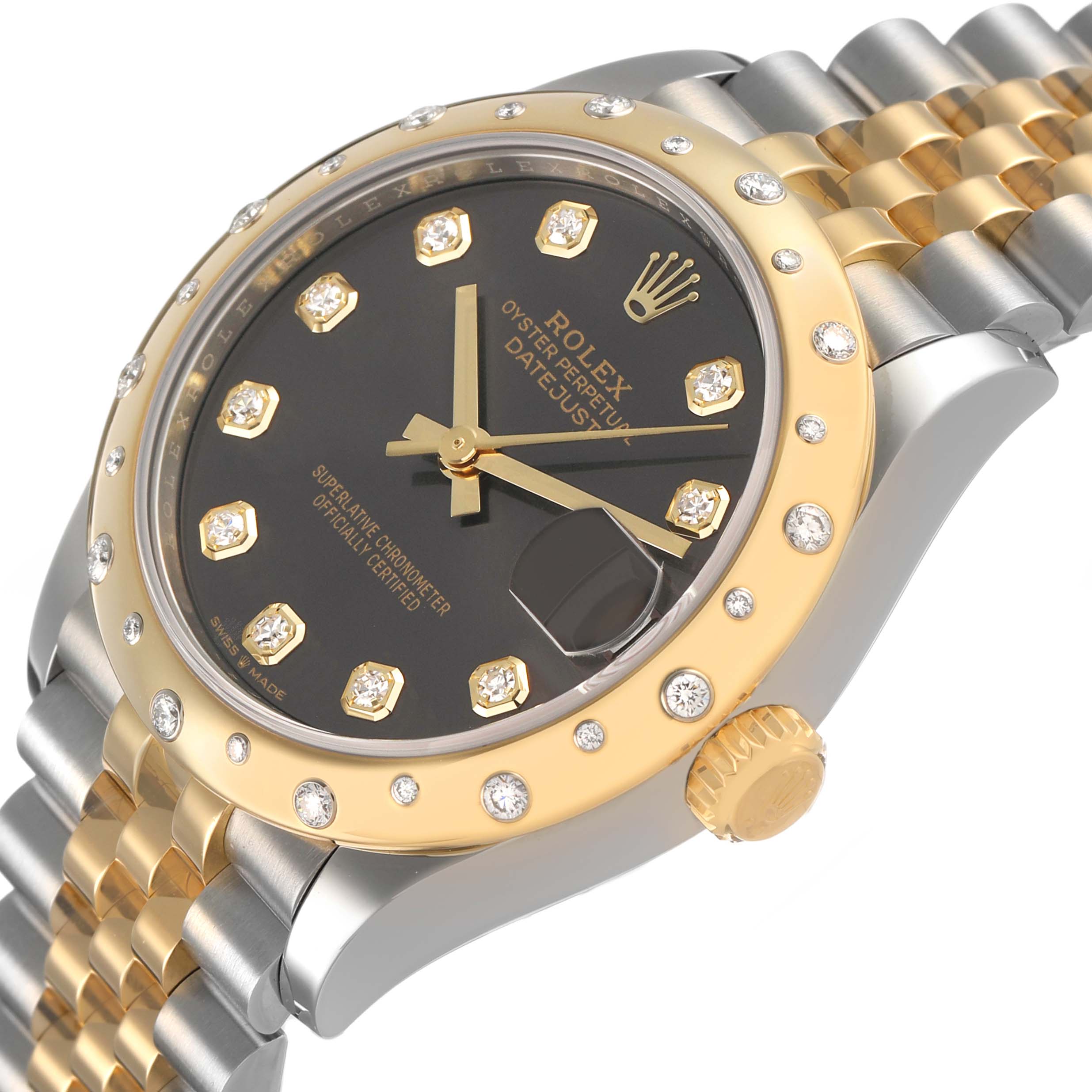 The Rolex Mid-Size 278343 Women's Steel and Gold (two tone) Grey Dial model is shown at an angled side view, highlighting the bezel, dial, crown, and part of the bracelet.