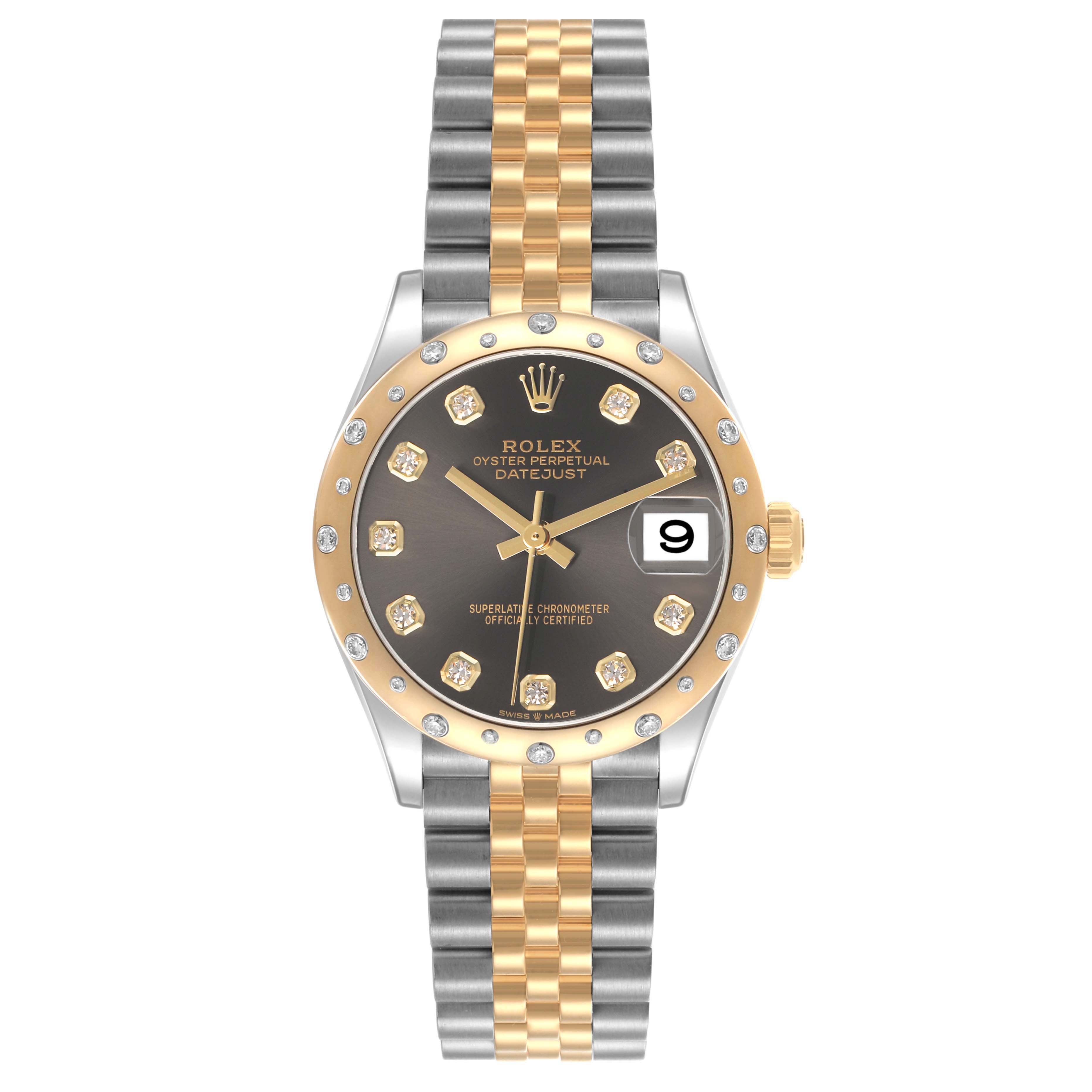 The Rolex Mid-Size 278343 Women's Steel and Gold (two tone) Grey Dial watch is shown from a top-down angle, displaying the face, bezel, and two-tone bracelet.