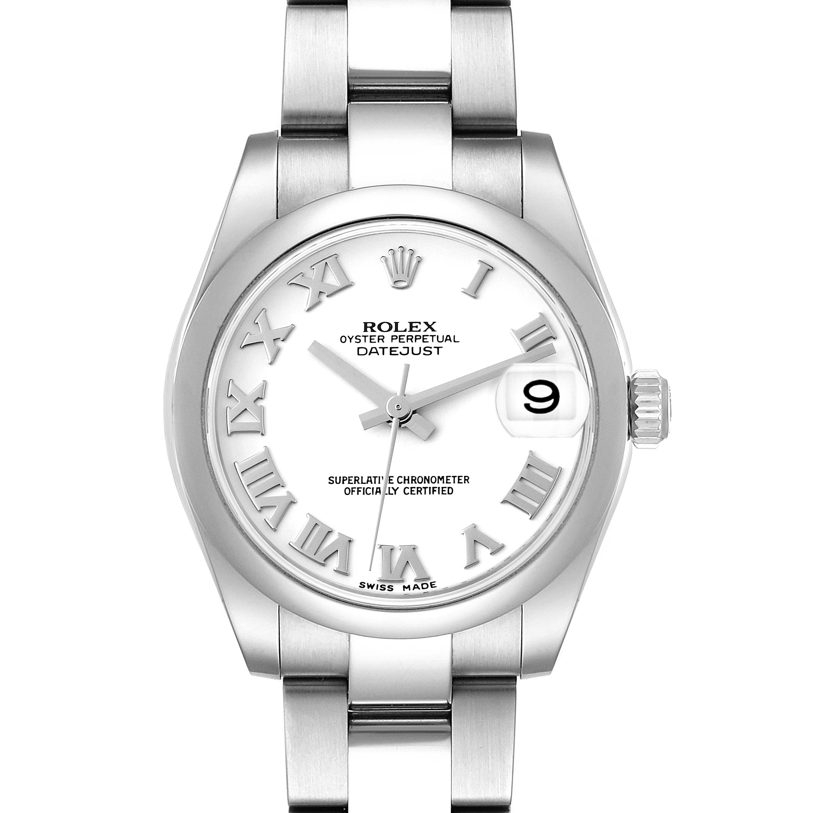 The image shows a front view of the Rolex Oyster Perpetual Datejust Mid-Size watch, highlighting its white dial with Roman numerals and date display.